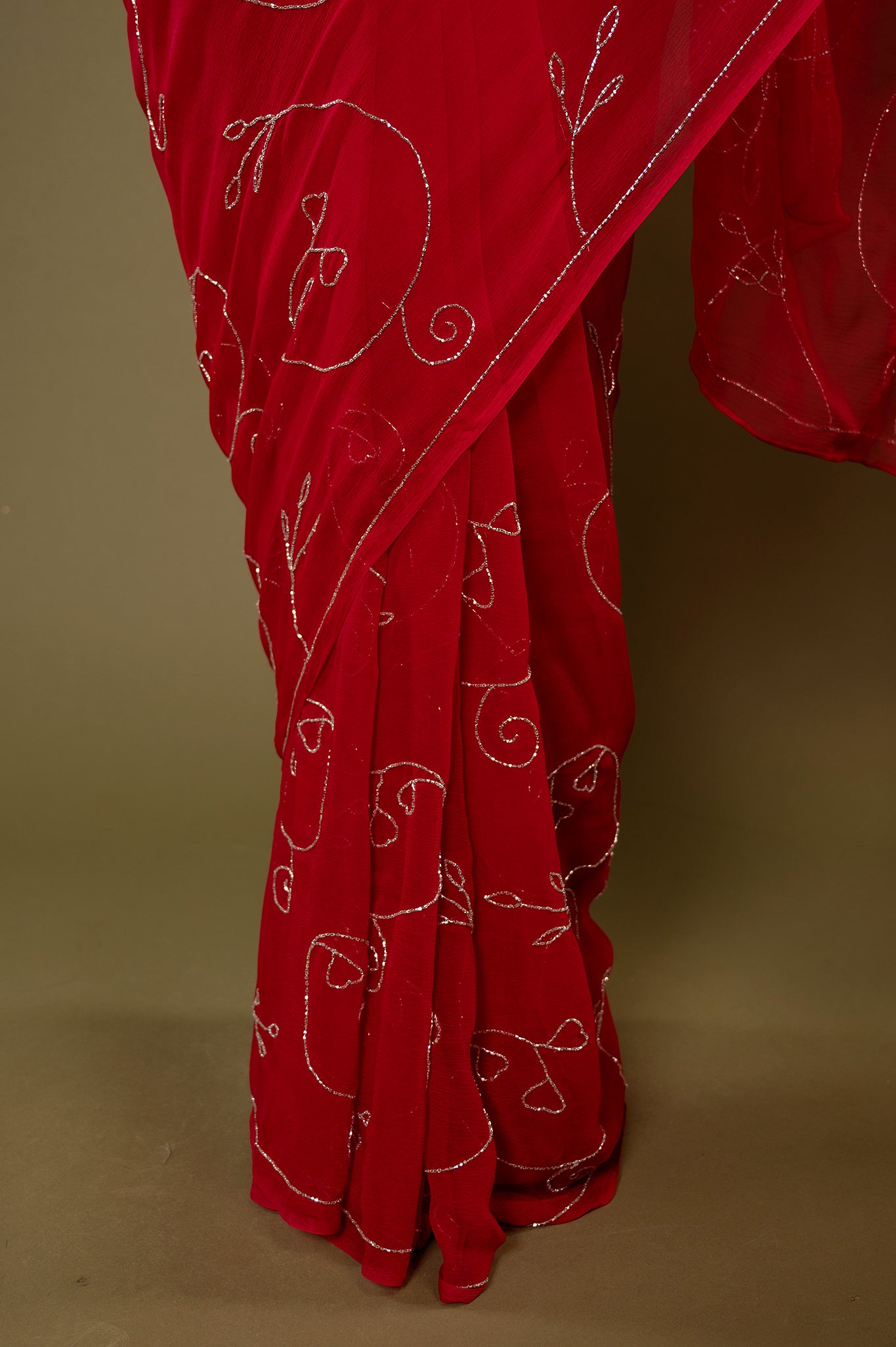 Red viscose chiffon kardana jaal handwork casual wear saree