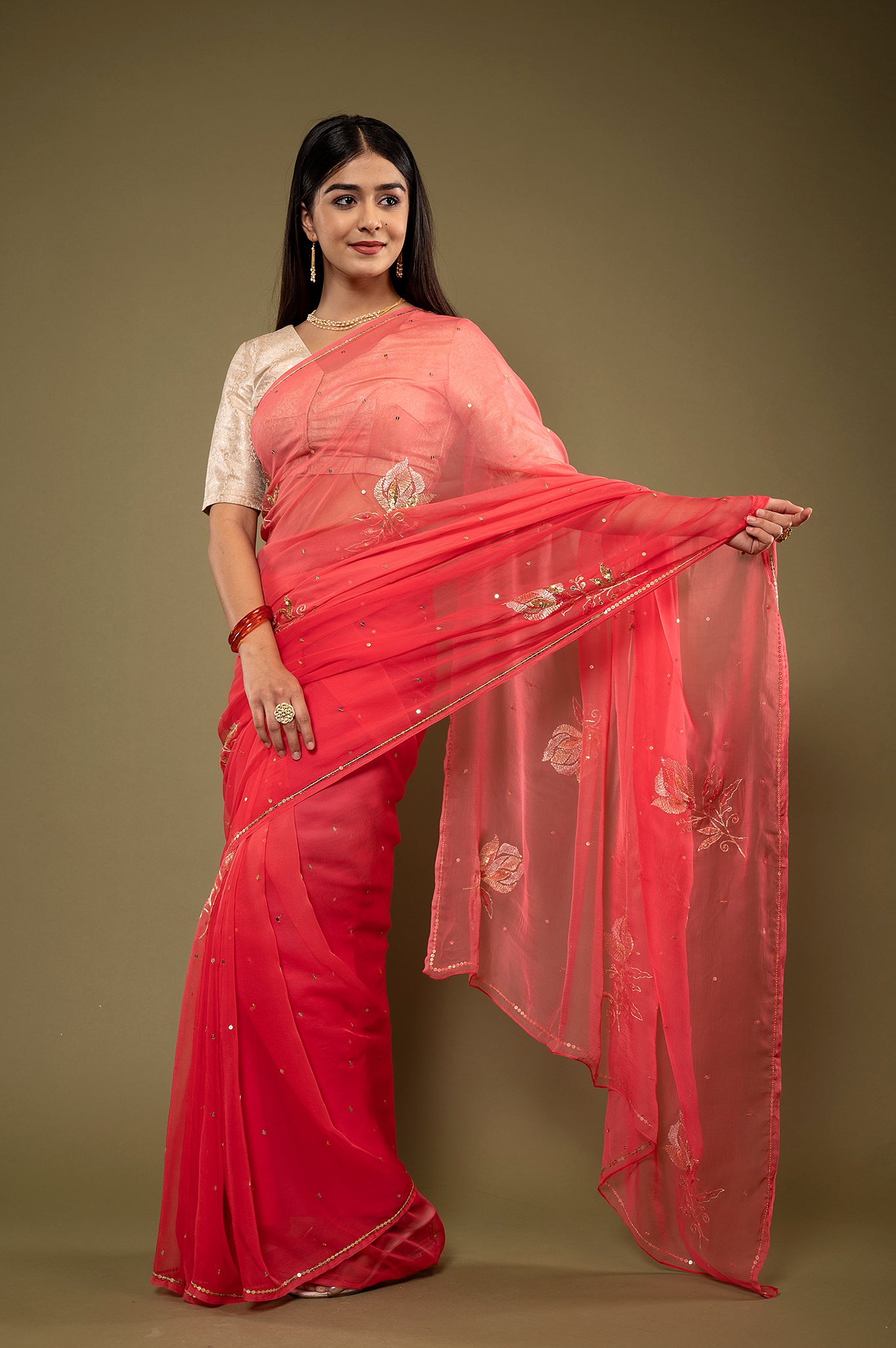 Gajri viscose chiffon aari sequins motifs handwork casual wear saree