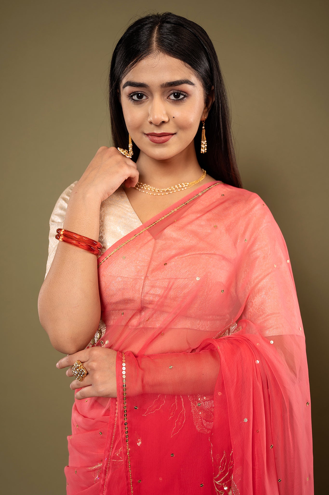 Gajri viscose chiffon aari sequins motifs handwork casual wear saree