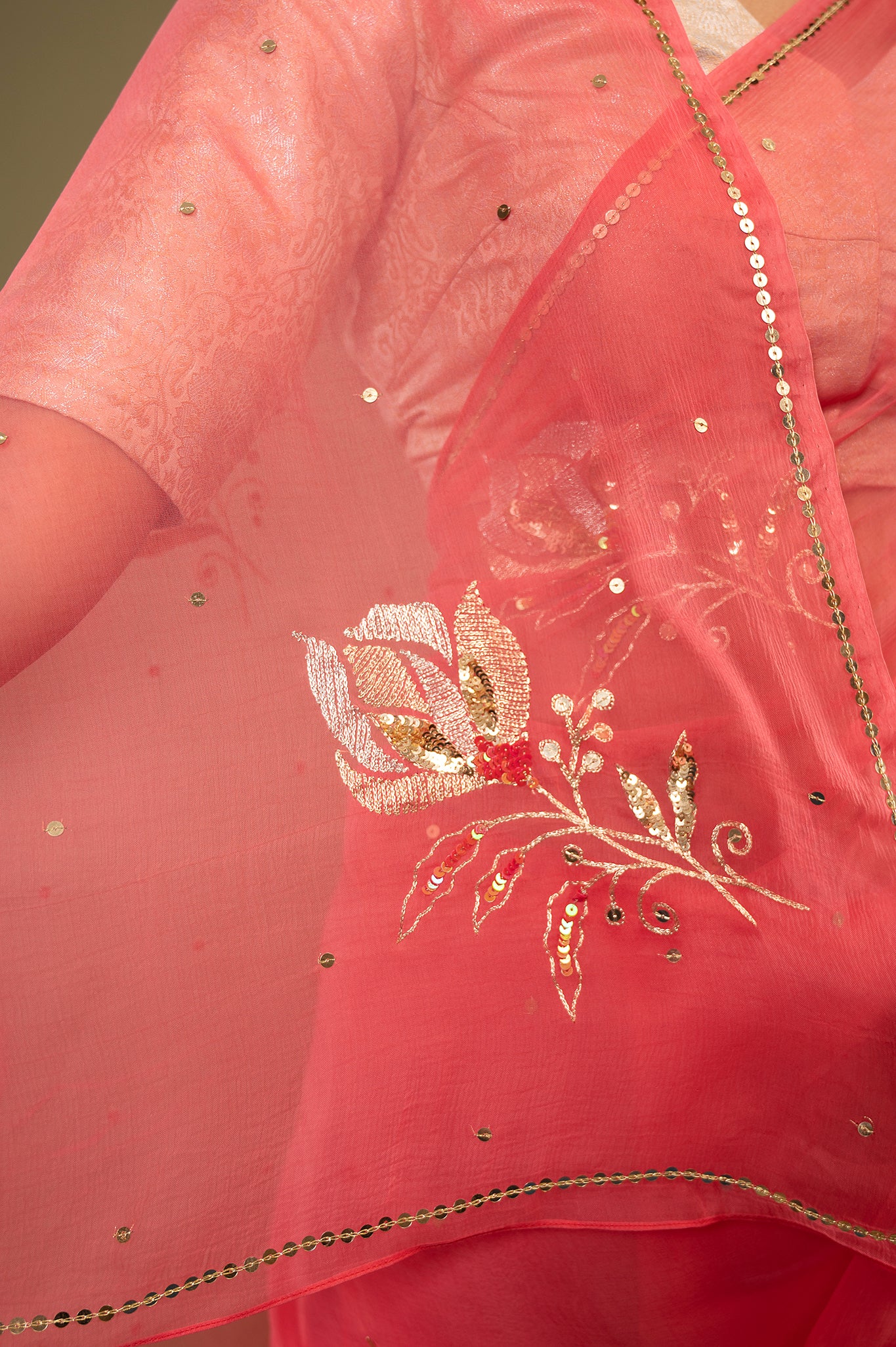 Gajri viscose chiffon aari sequins motifs handwork casual wear saree