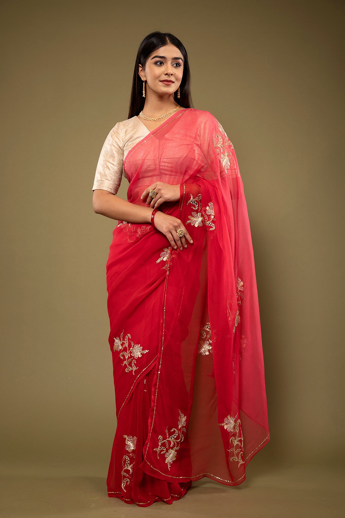 Red light dark viscose chiffon aari kardana motif handwork casual wear saree