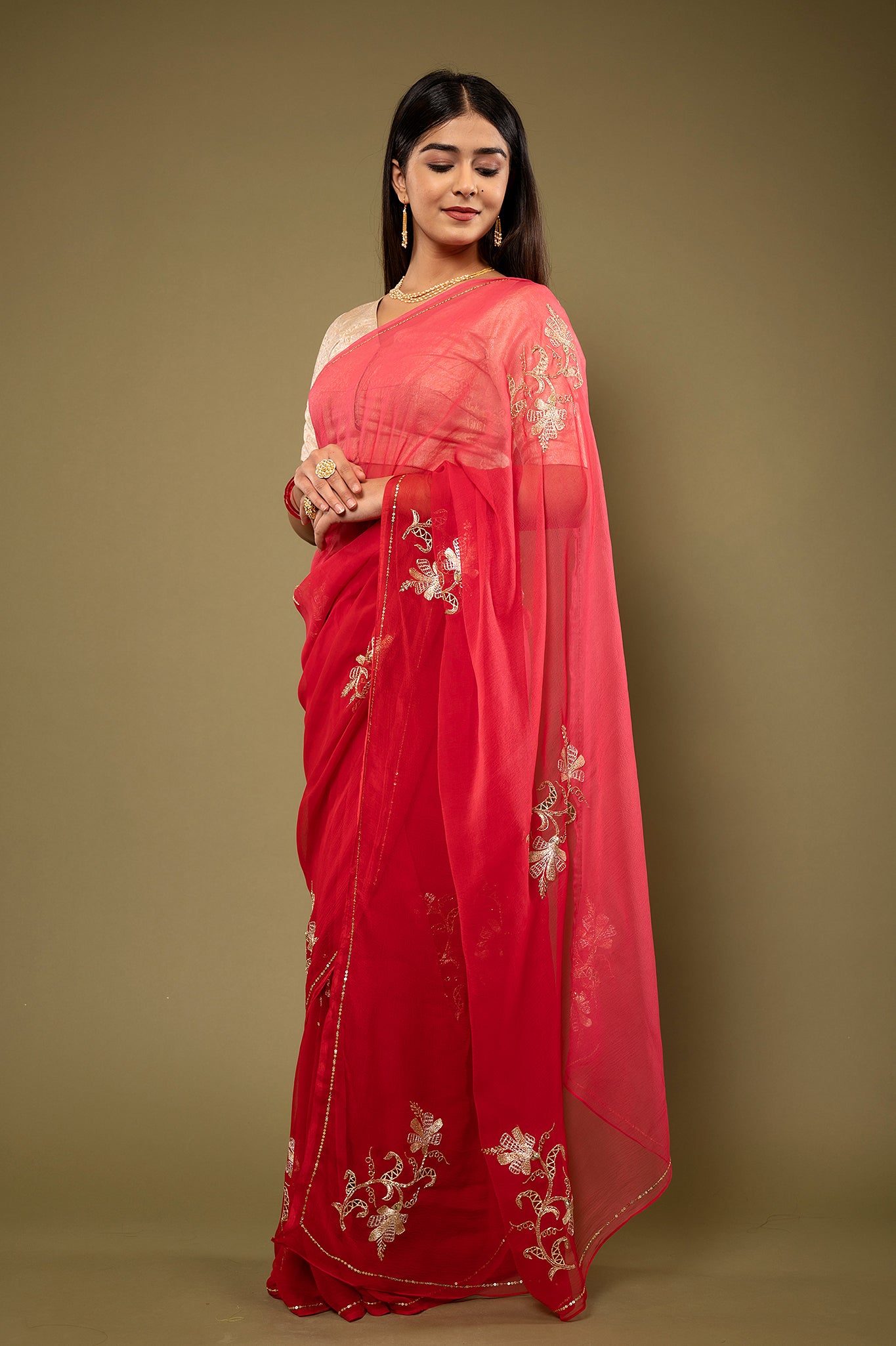 Red light dark viscose chiffon aari kardana motif handwork casual wear saree
