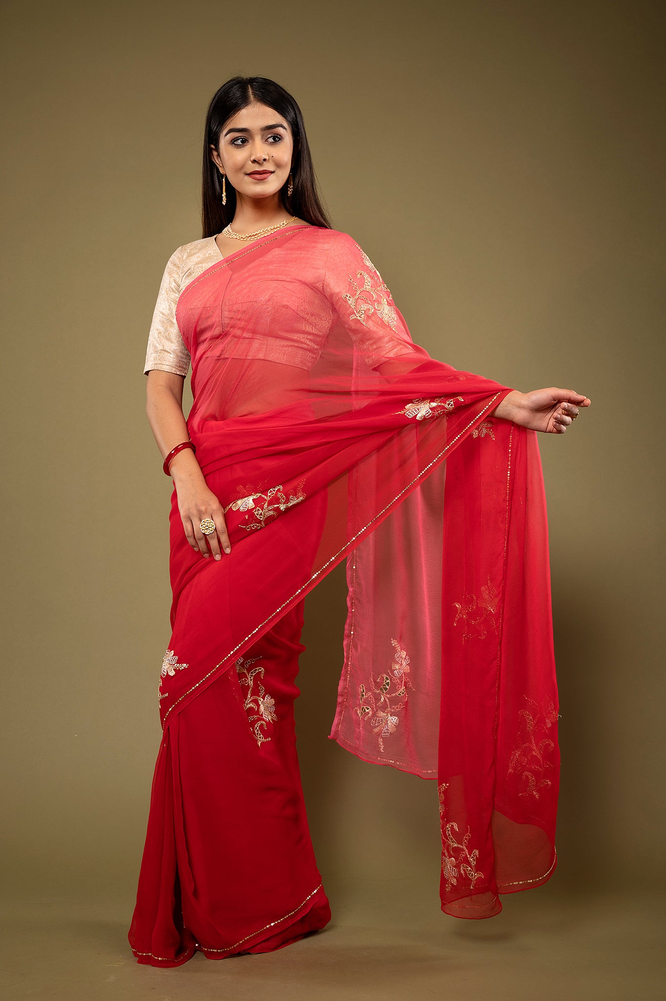 Red light dark viscose chiffon aari kardana motif handwork casual wear saree