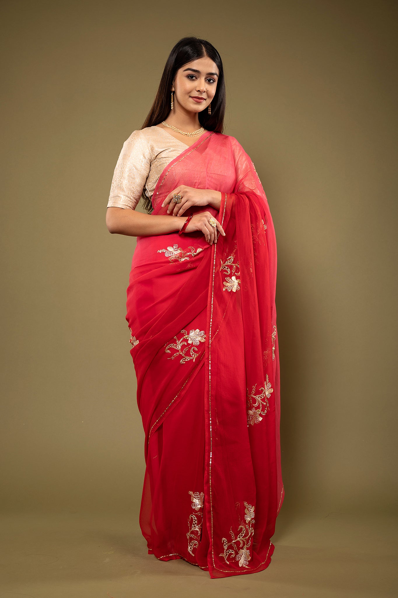 Red light dark viscose chiffon aari kardana motif handwork casual wear saree