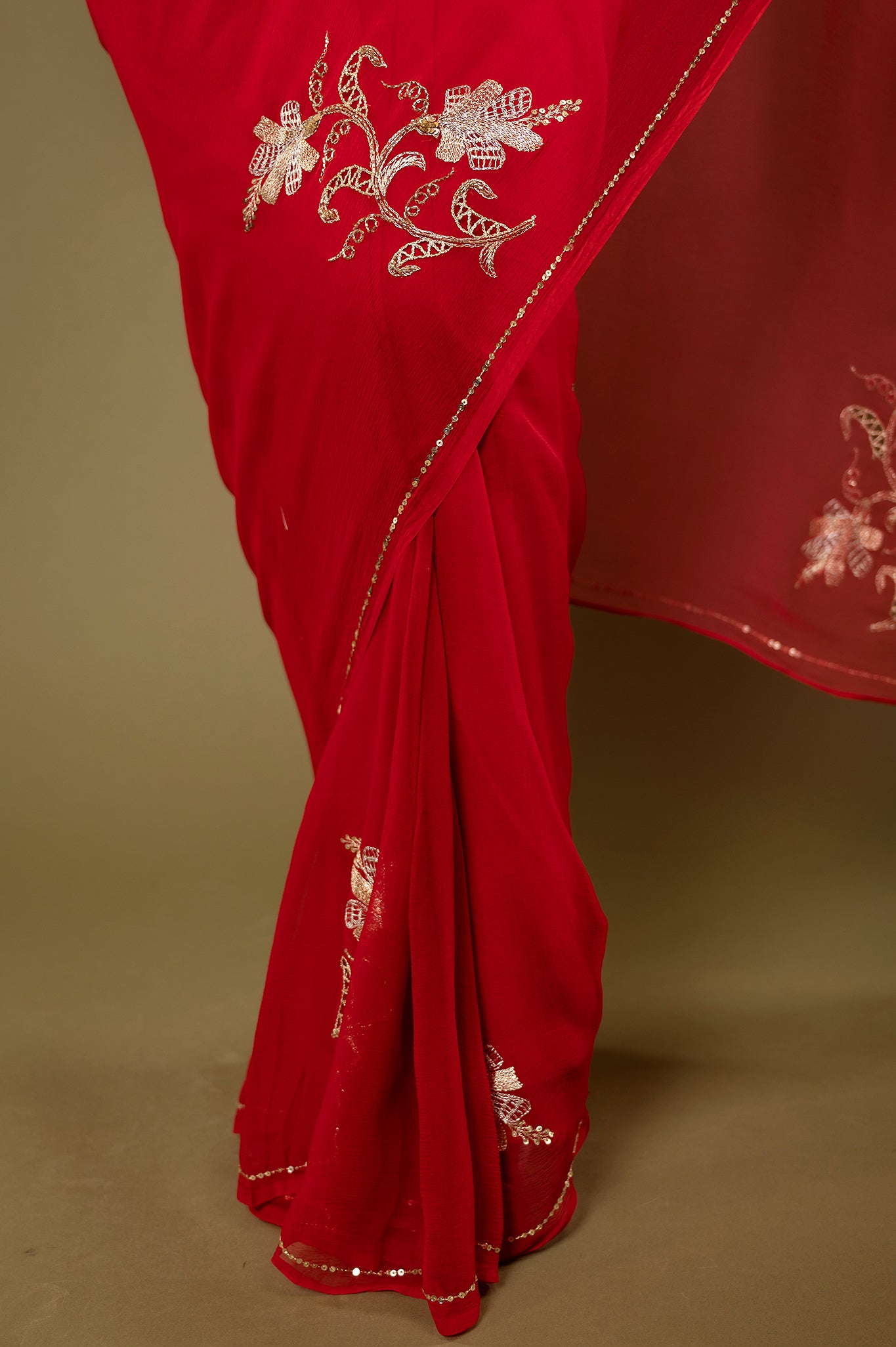 Red light dark viscose chiffon aari kardana motif handwork casual wear saree
