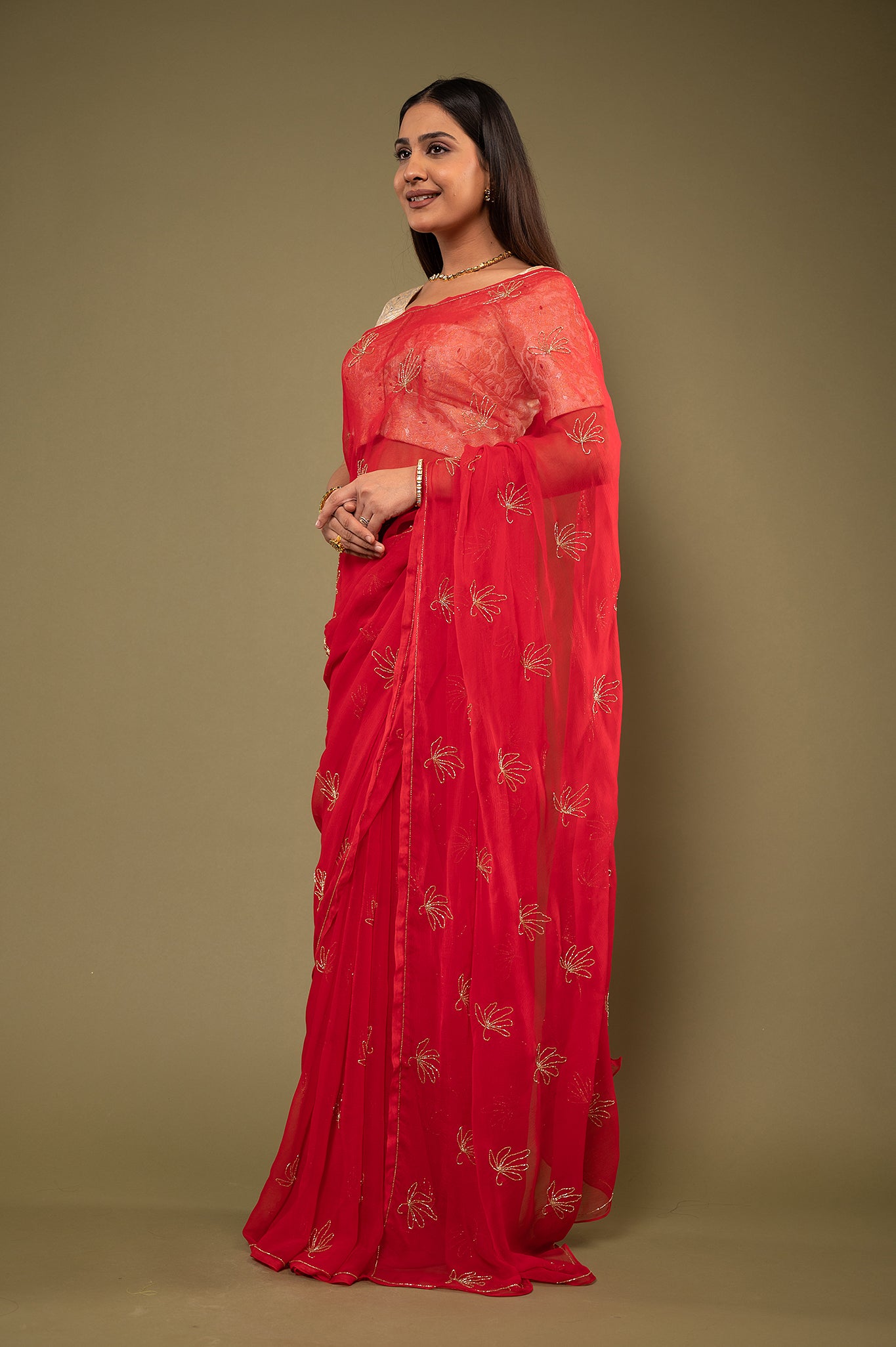 Red viscose chiffon kardana motif handwork casual wear saree