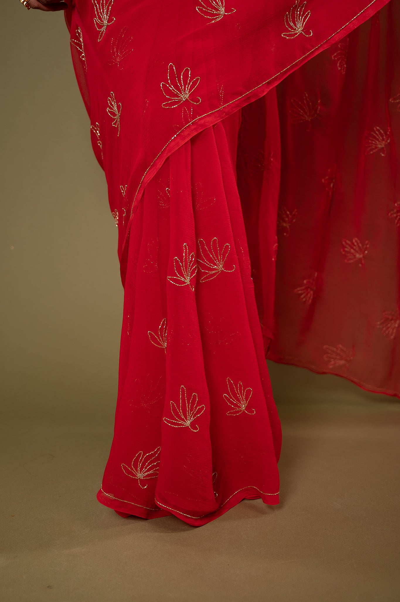 Red viscose chiffon kardana motif handwork casual wear saree
