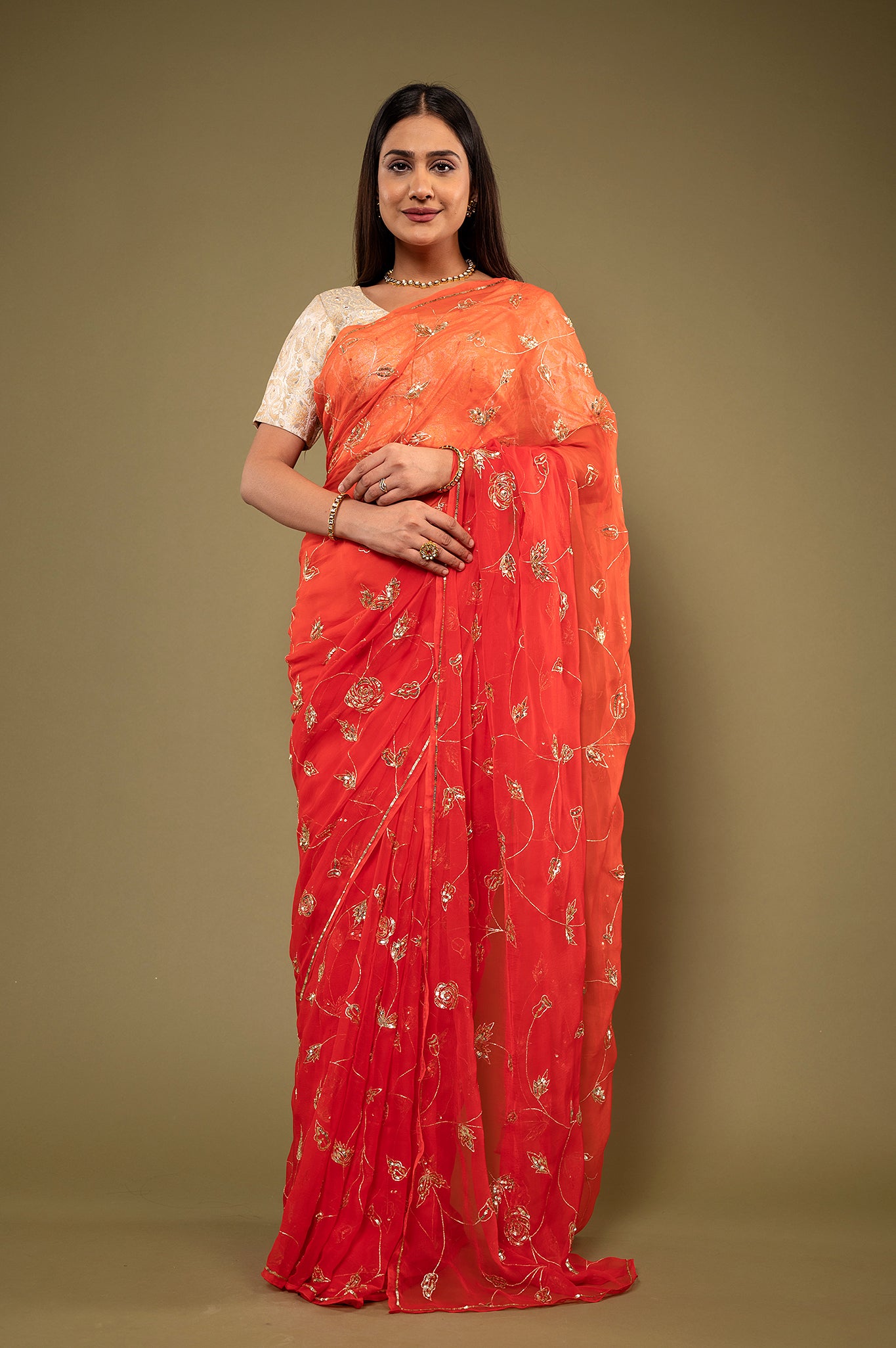Red light dark viscose chiffon aari sequins jaal handwork casual wear saree