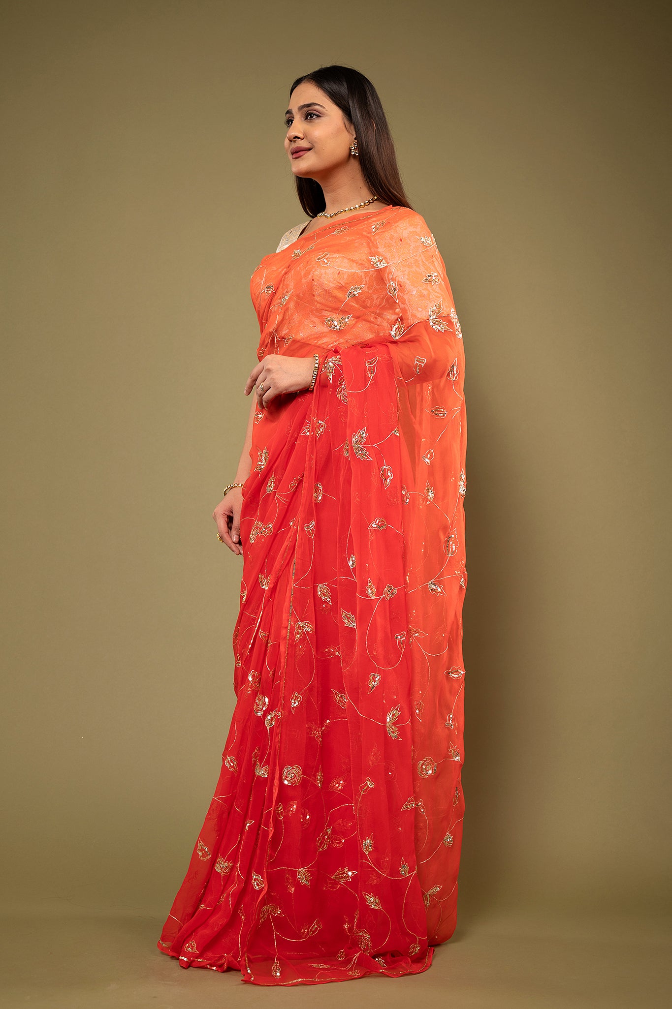 Red light dark viscose chiffon aari sequins jaal handwork casual wear saree
