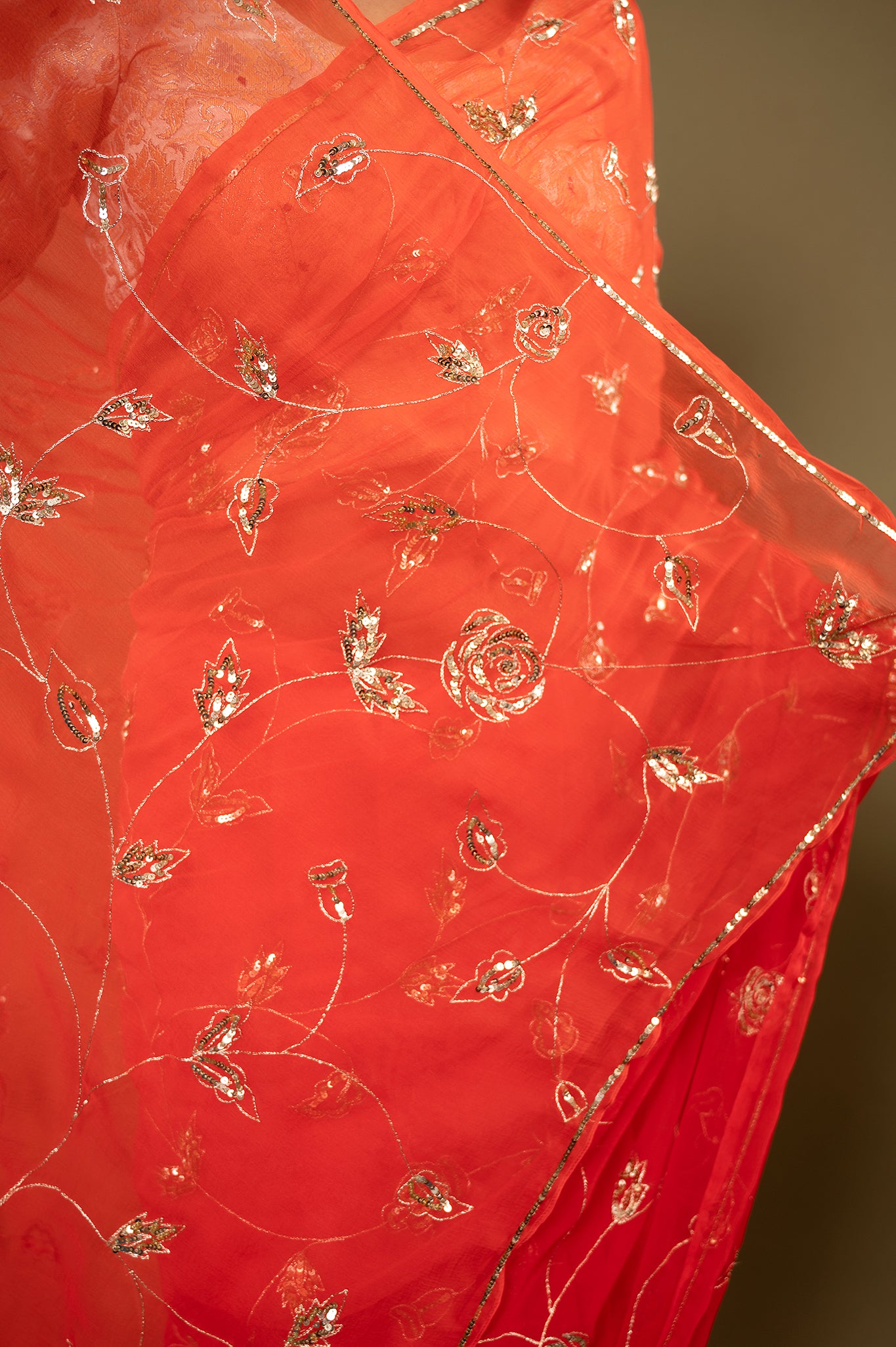 Red light dark viscose chiffon aari sequins jaal handwork casual wear saree