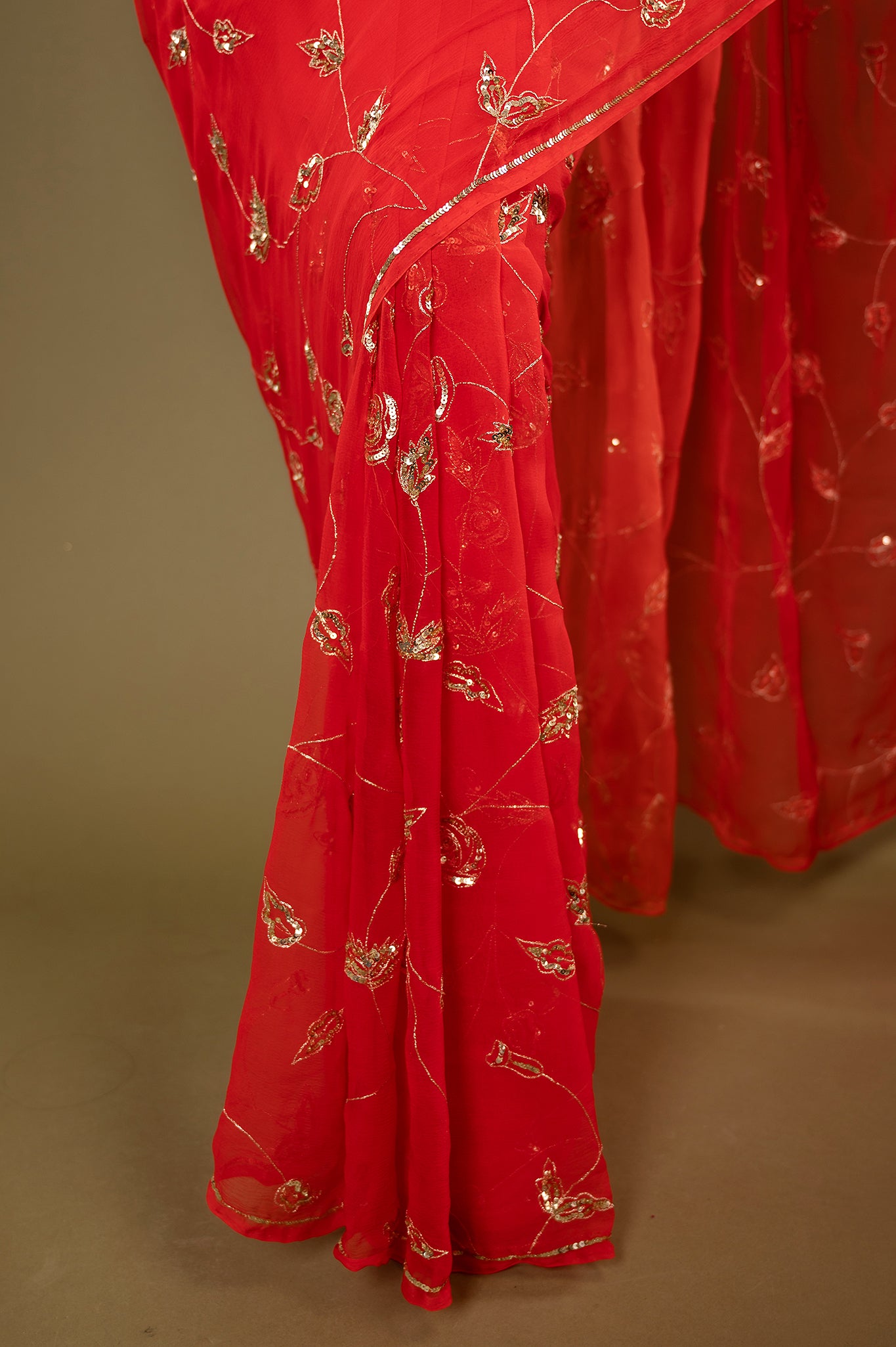 Red light dark viscose chiffon aari sequins jaal handwork casual wear saree