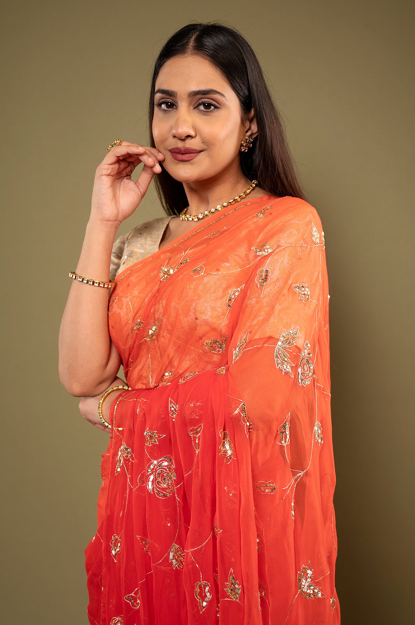 Red light dark viscose chiffon aari sequins jaal handwork casual wear saree