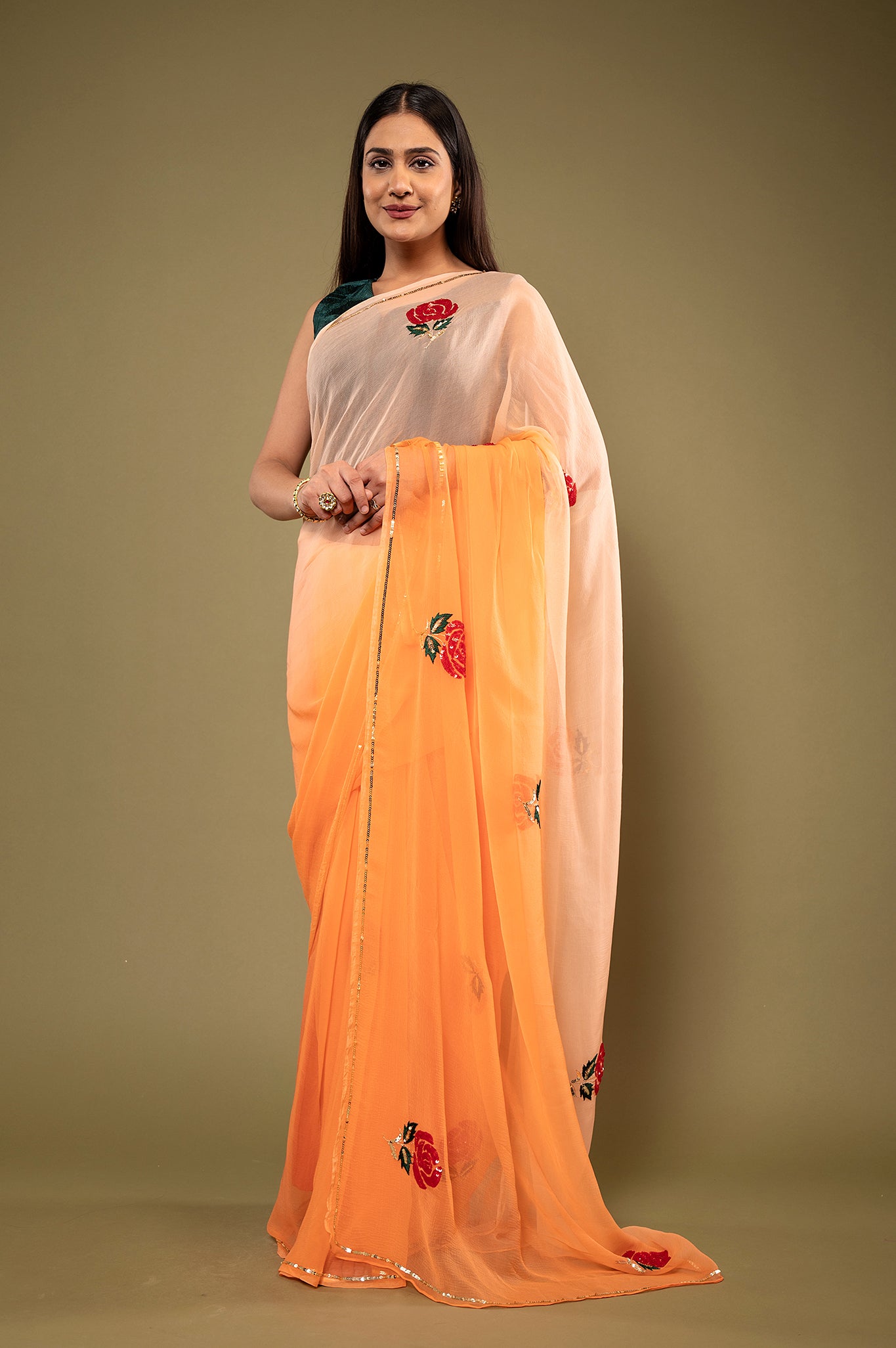 Peach light dark viscose chiffon sequins resham motif handwork casual wear saree