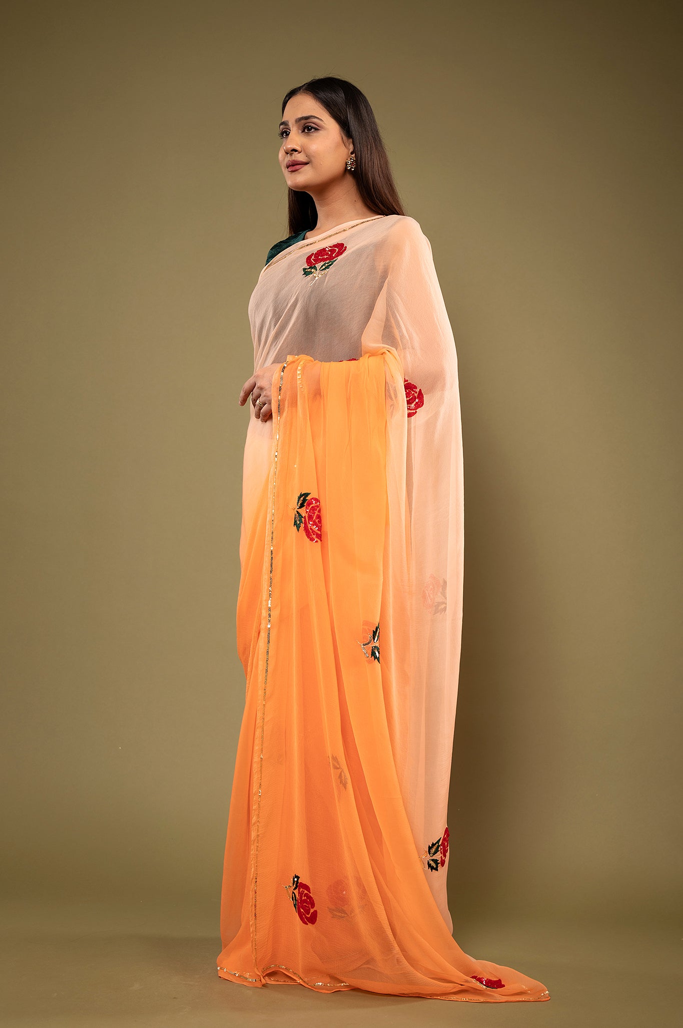 Peach light dark viscose chiffon sequins resham motif handwork casual wear saree