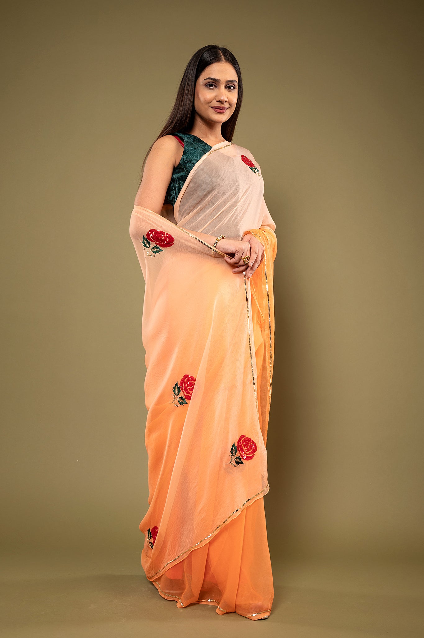 Peach light dark viscose chiffon sequins resham motif handwork casual wear saree