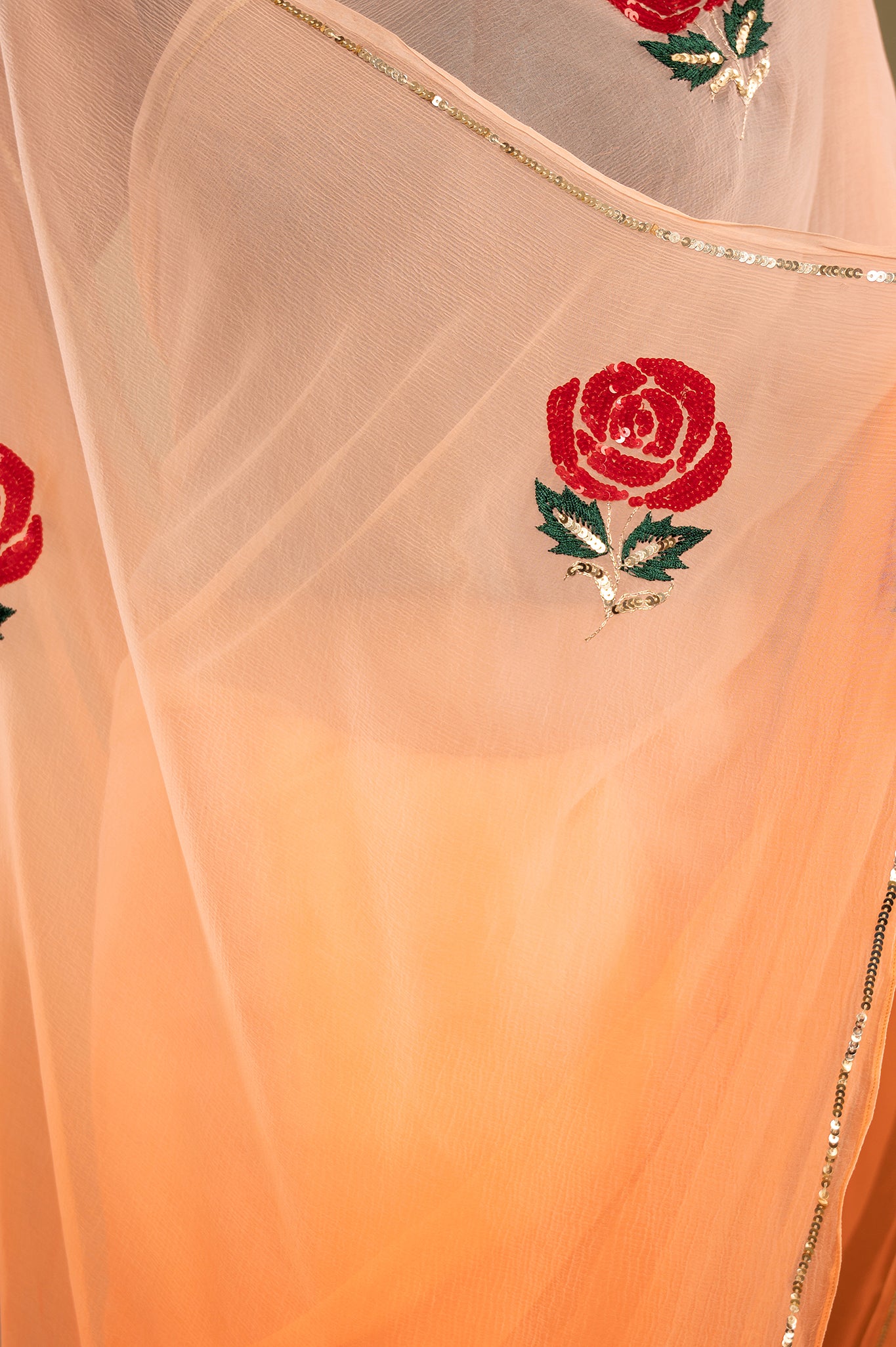 Peach light dark viscose chiffon sequins resham motif handwork casual wear saree