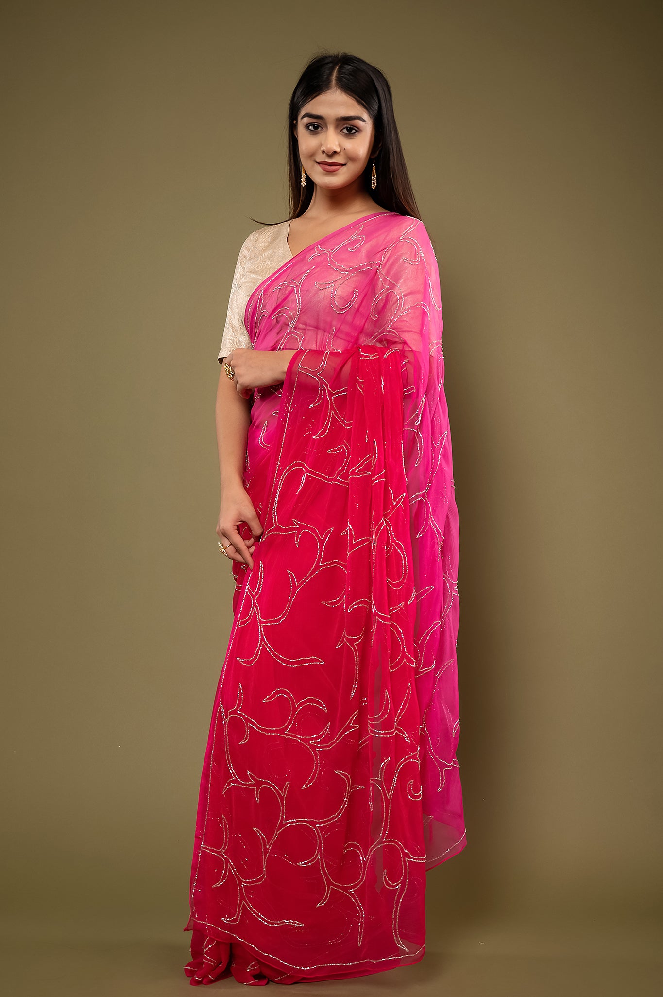 Rani  viscose chiffon kardana jaal handwork casual wear saree