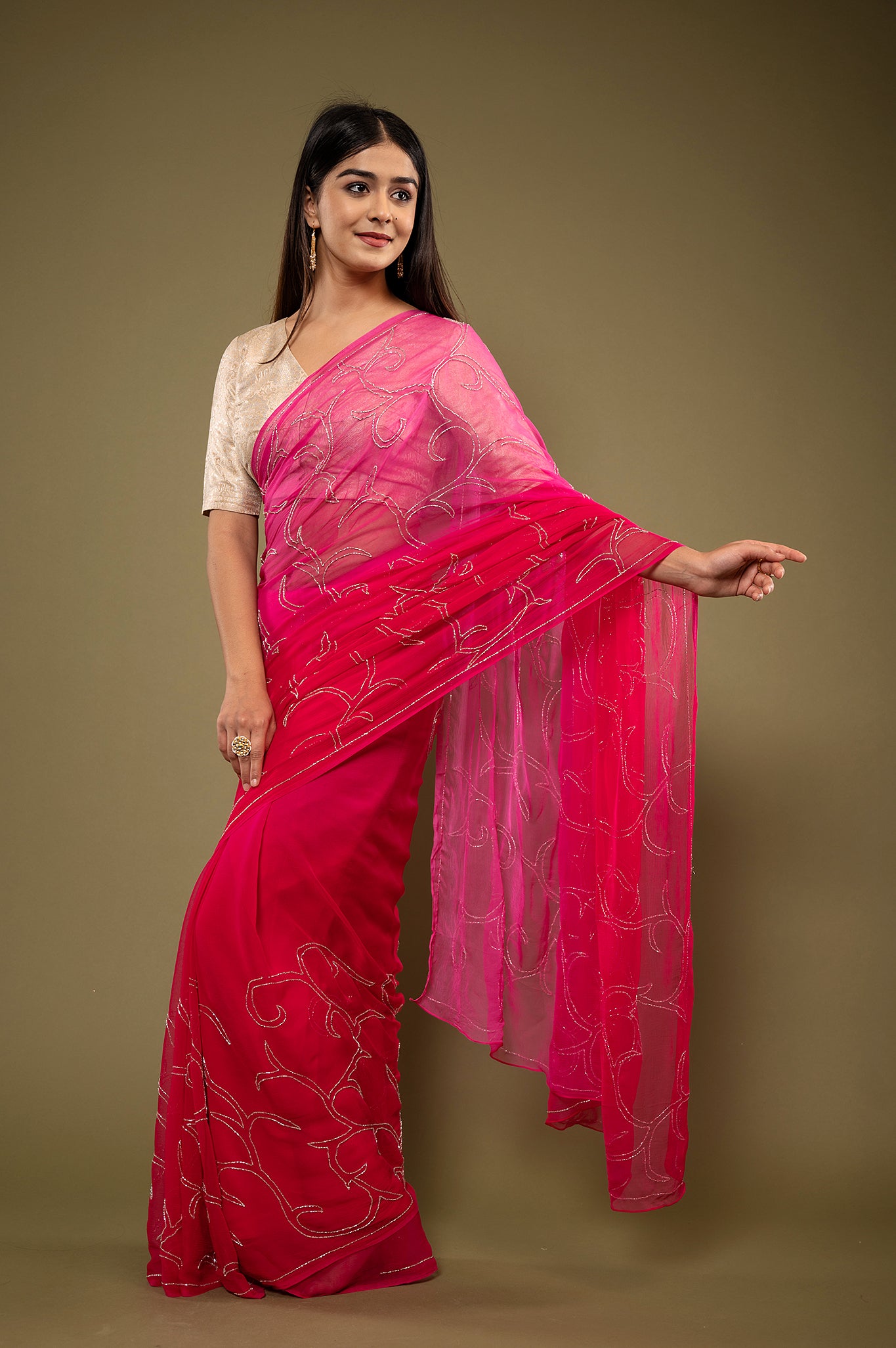 Rani  viscose chiffon kardana jaal handwork casual wear saree