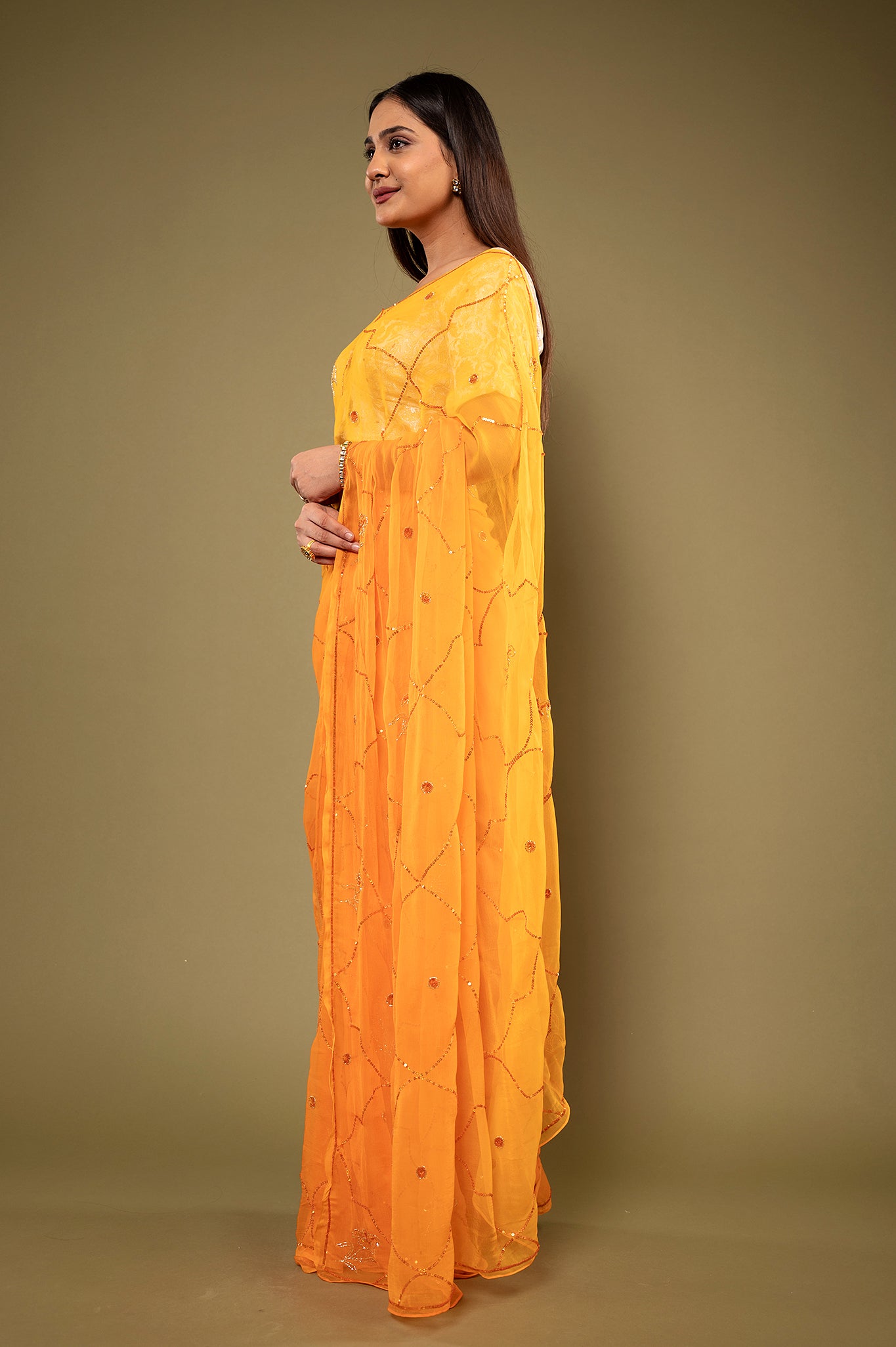 Orange light dark viscose chiffon sequins  handwork casual wear saree