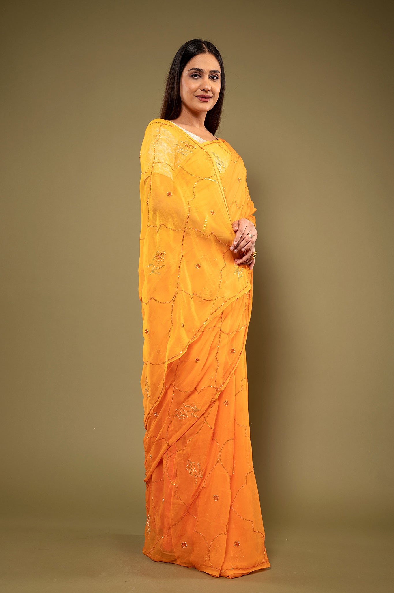 Orange light dark viscose chiffon sequins  handwork casual wear saree