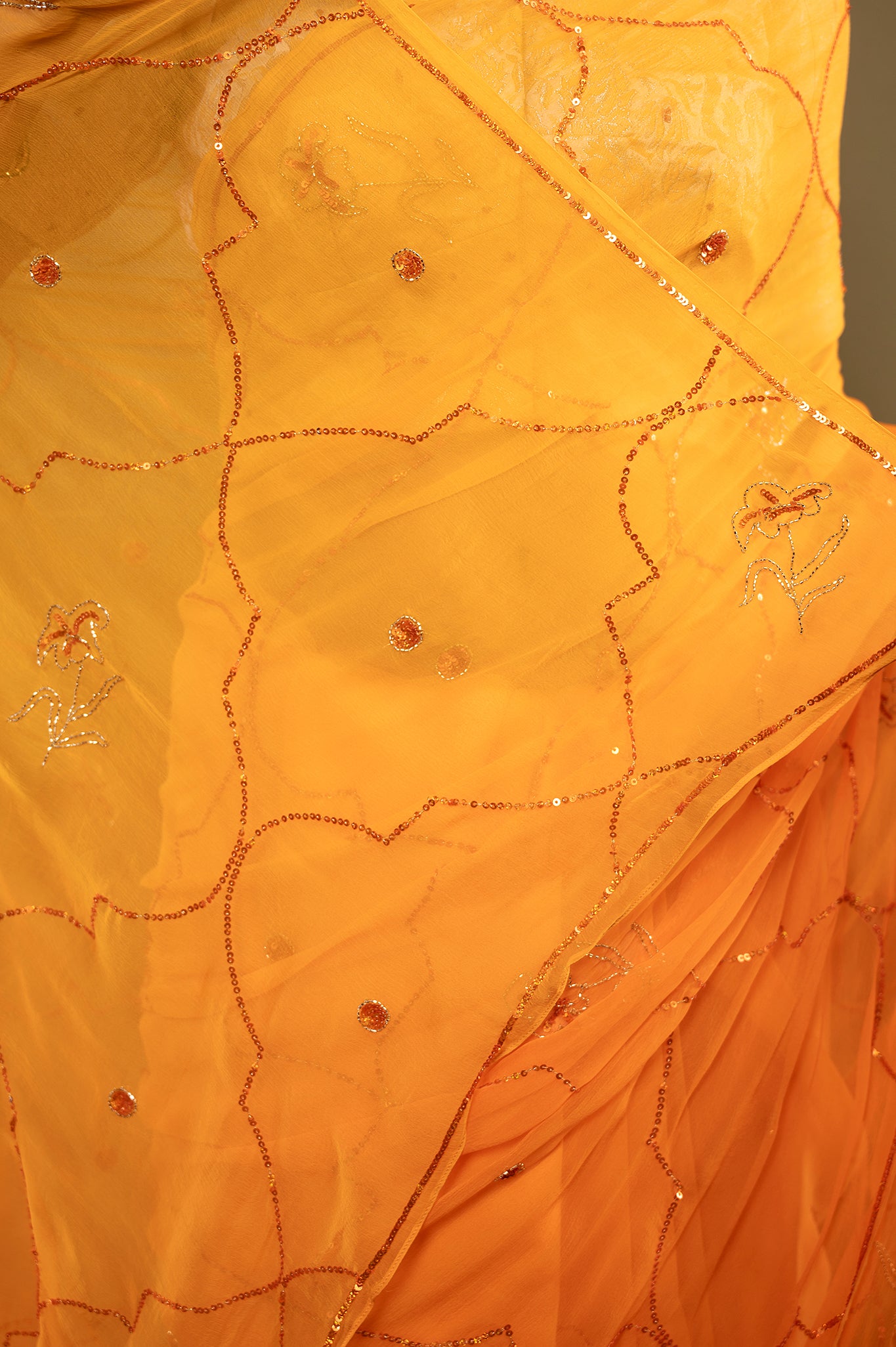 Orange light dark viscose chiffon sequins  handwork casual wear saree