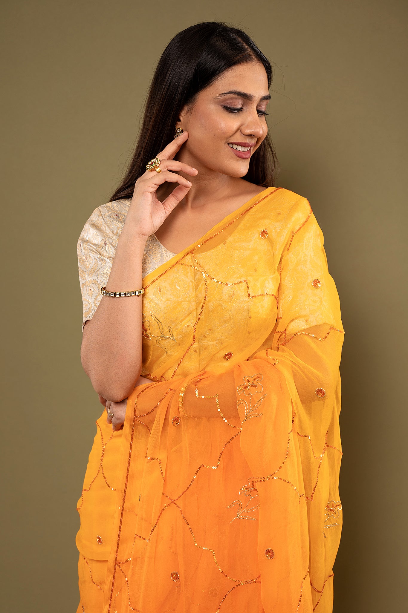 Orange light dark viscose chiffon sequins  handwork casual wear saree