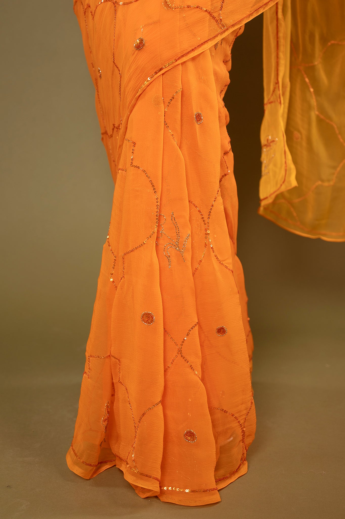 Orange light dark viscose chiffon sequins  handwork casual wear saree