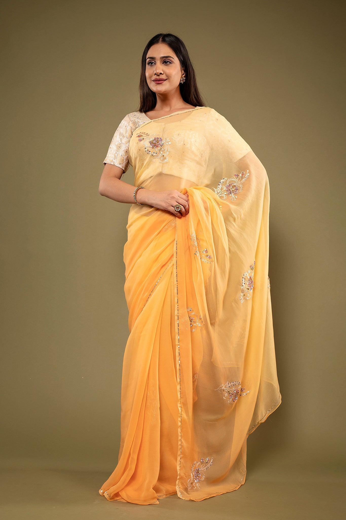 Peach light dark viscose chiffon aari sequins motif handwork casual wear saree
