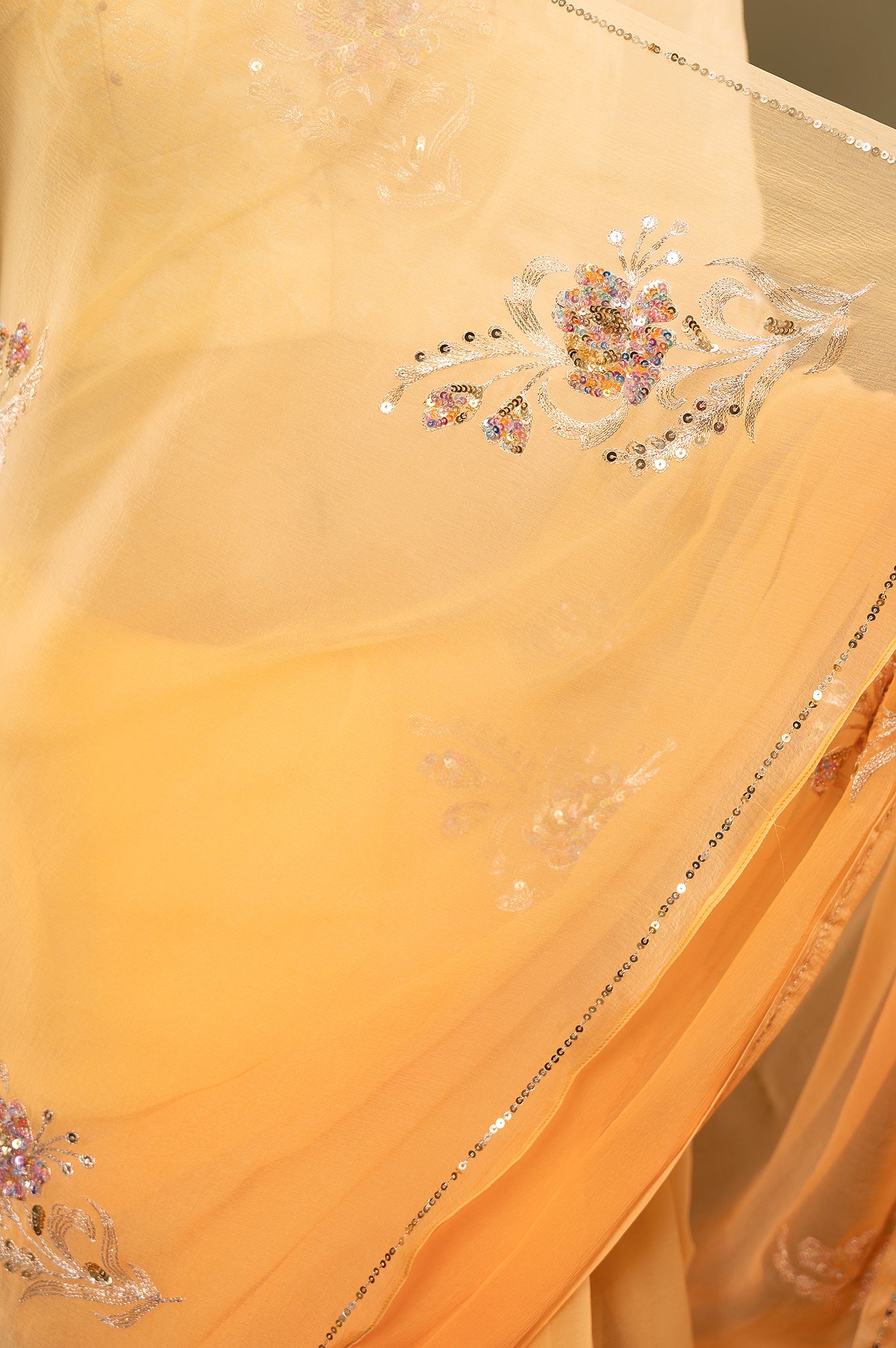 Peach light dark viscose chiffon aari sequins motif handwork casual wear saree