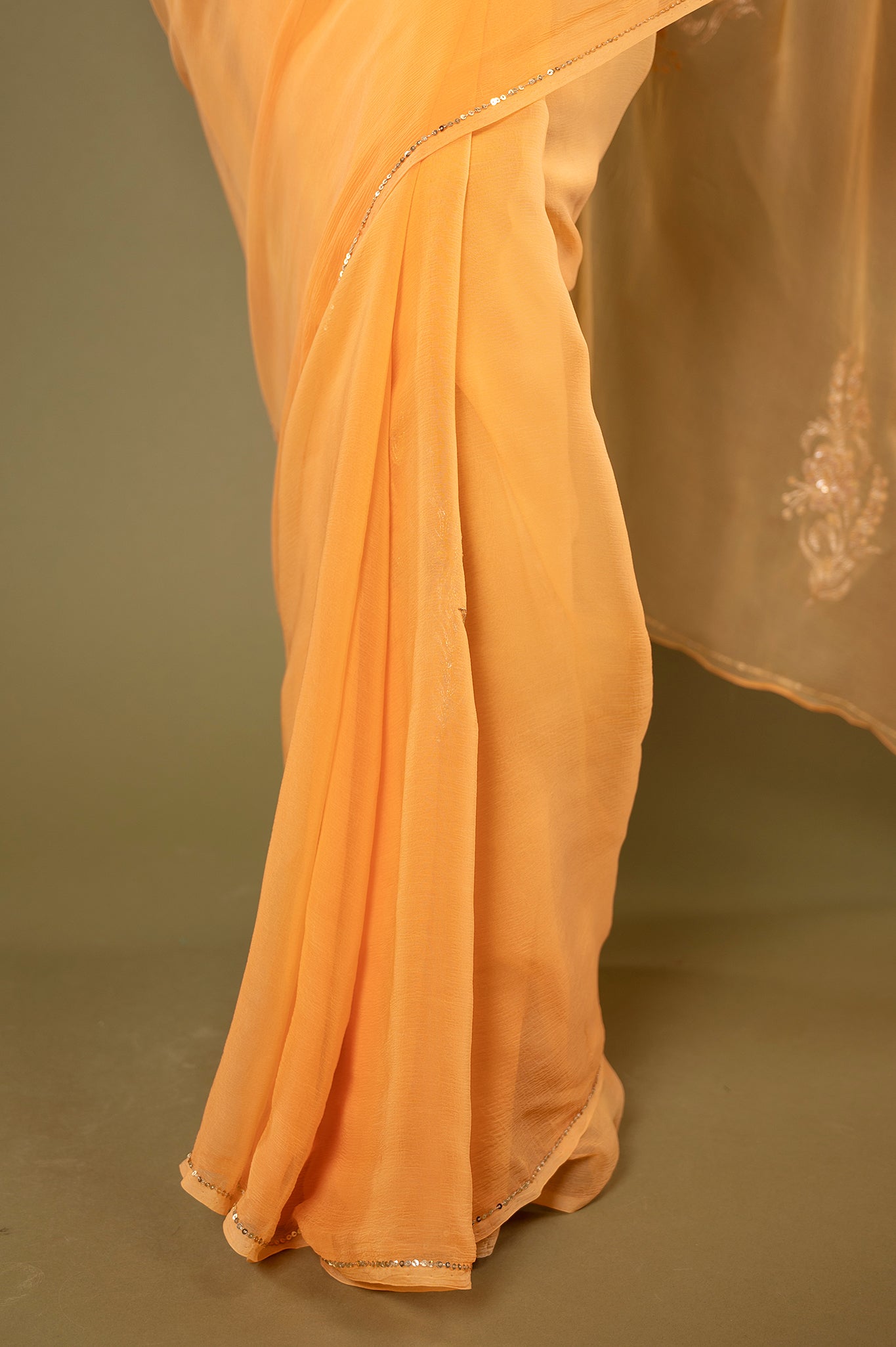 Peach light dark viscose chiffon aari sequins motif handwork casual wear saree