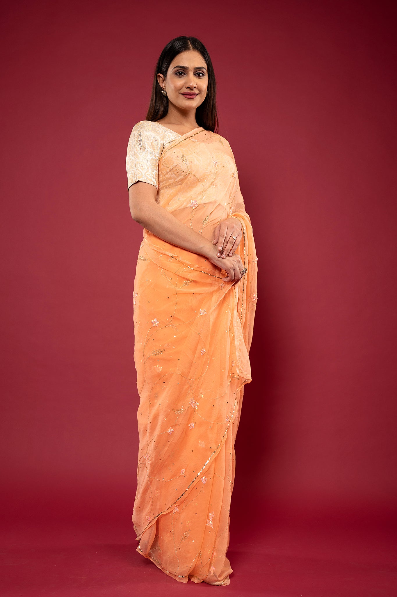 Peach Viscose chiffon Kardana sequins Jaal handwork casual wear saree