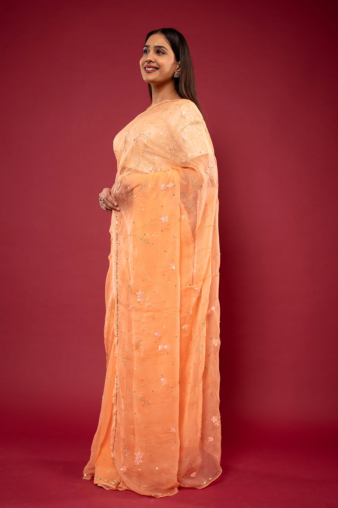 Peach Viscose chiffon Kardana sequins Jaal handwork casual wear saree