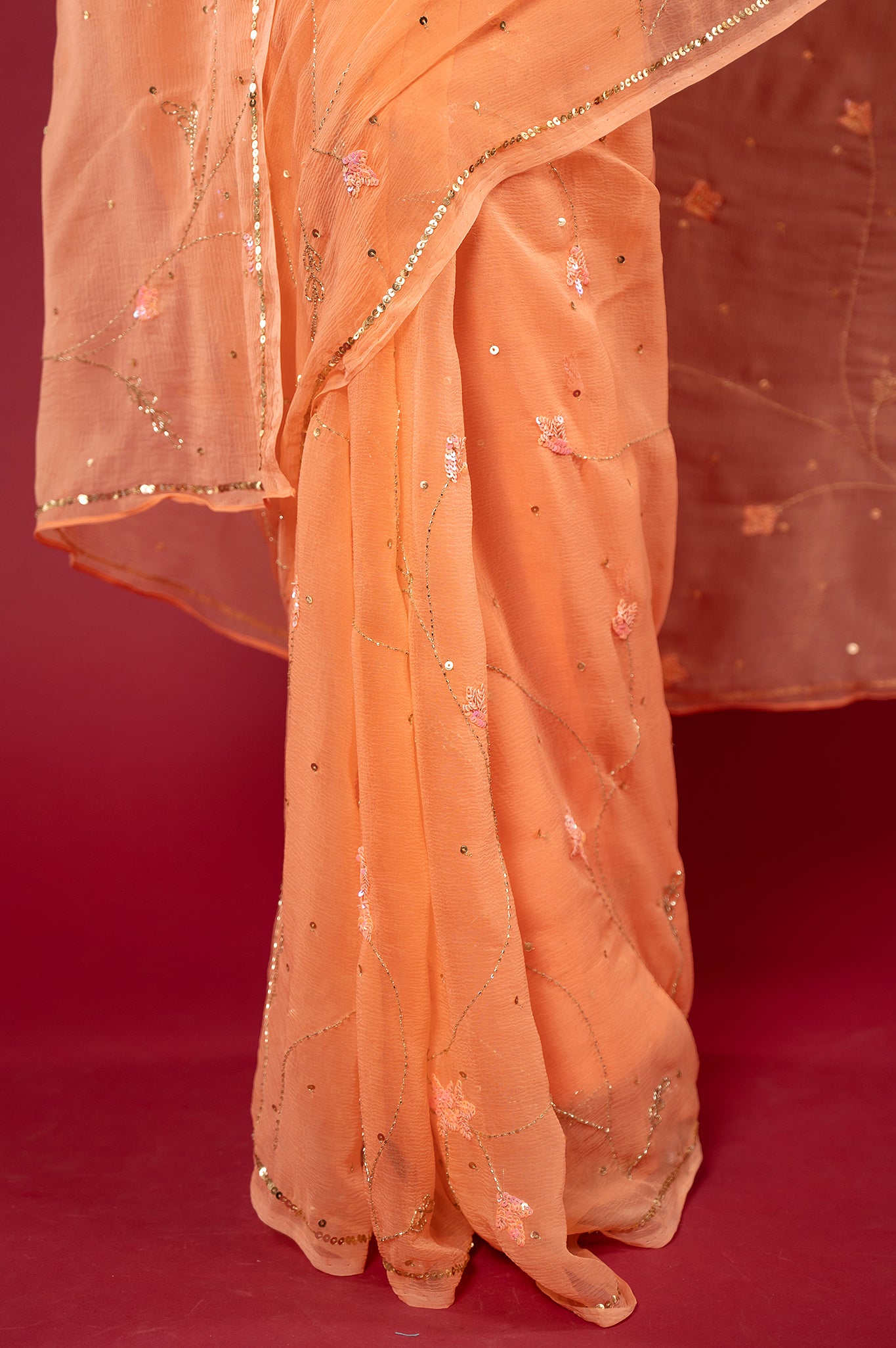 Peach Viscose chiffon Kardana sequins Jaal handwork casual wear saree
