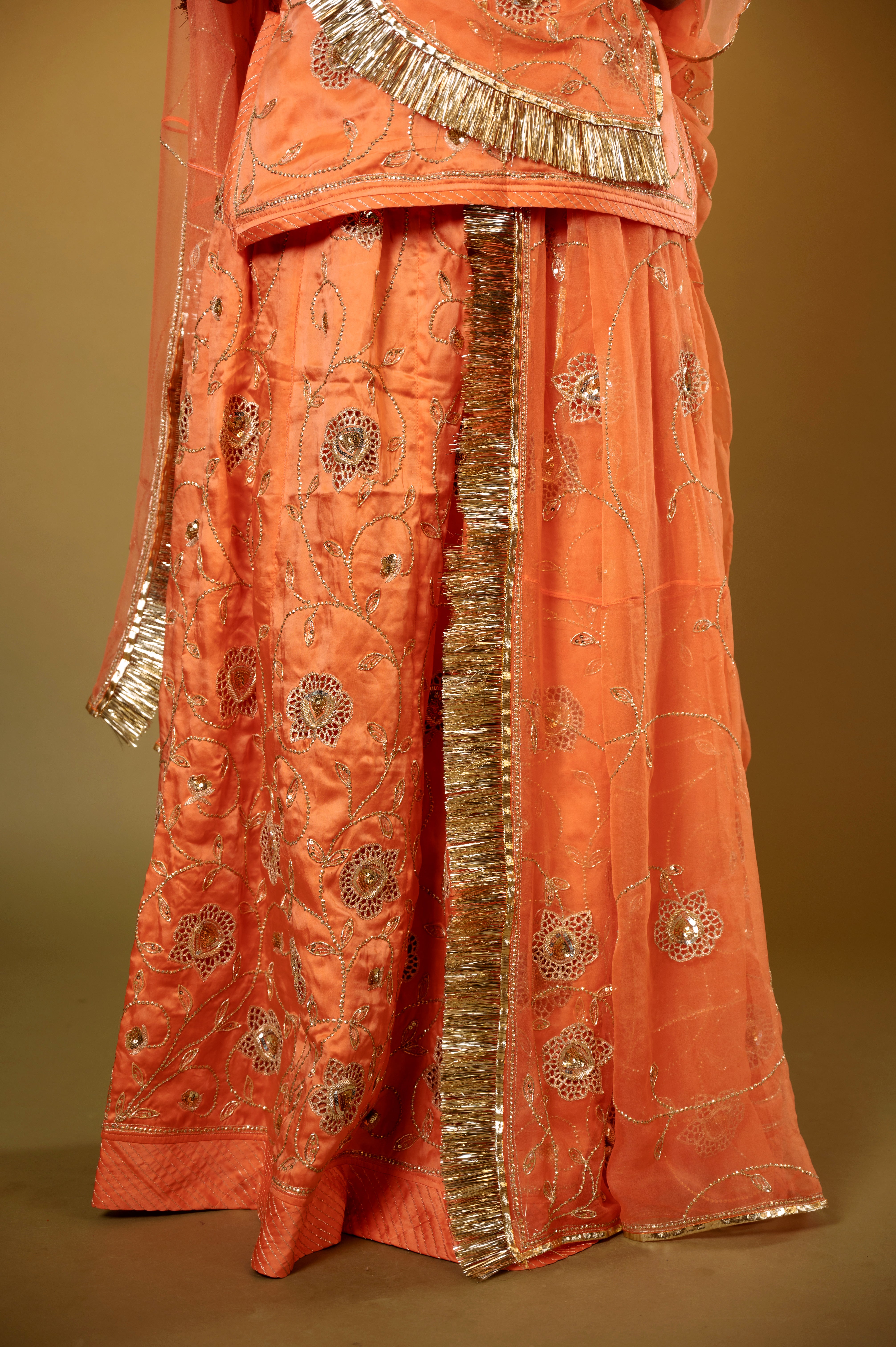 peach bamber satin aari katori cur work handwork Rajputi Poshak  with Pure odhna