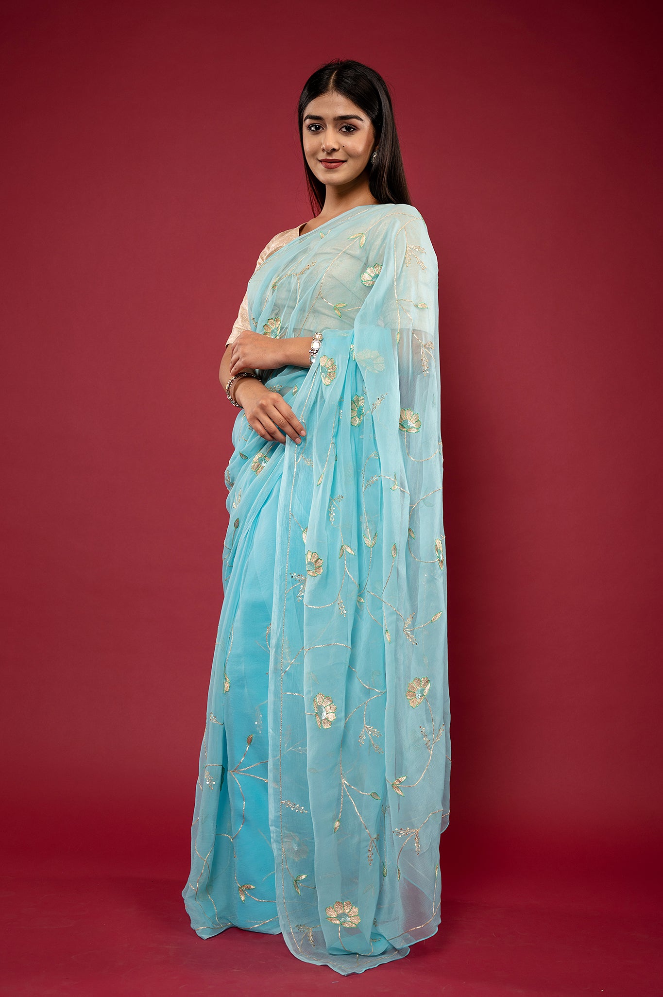 Sky blue light dark viscose chiffon aari sequins jaal handwork casual wear saree