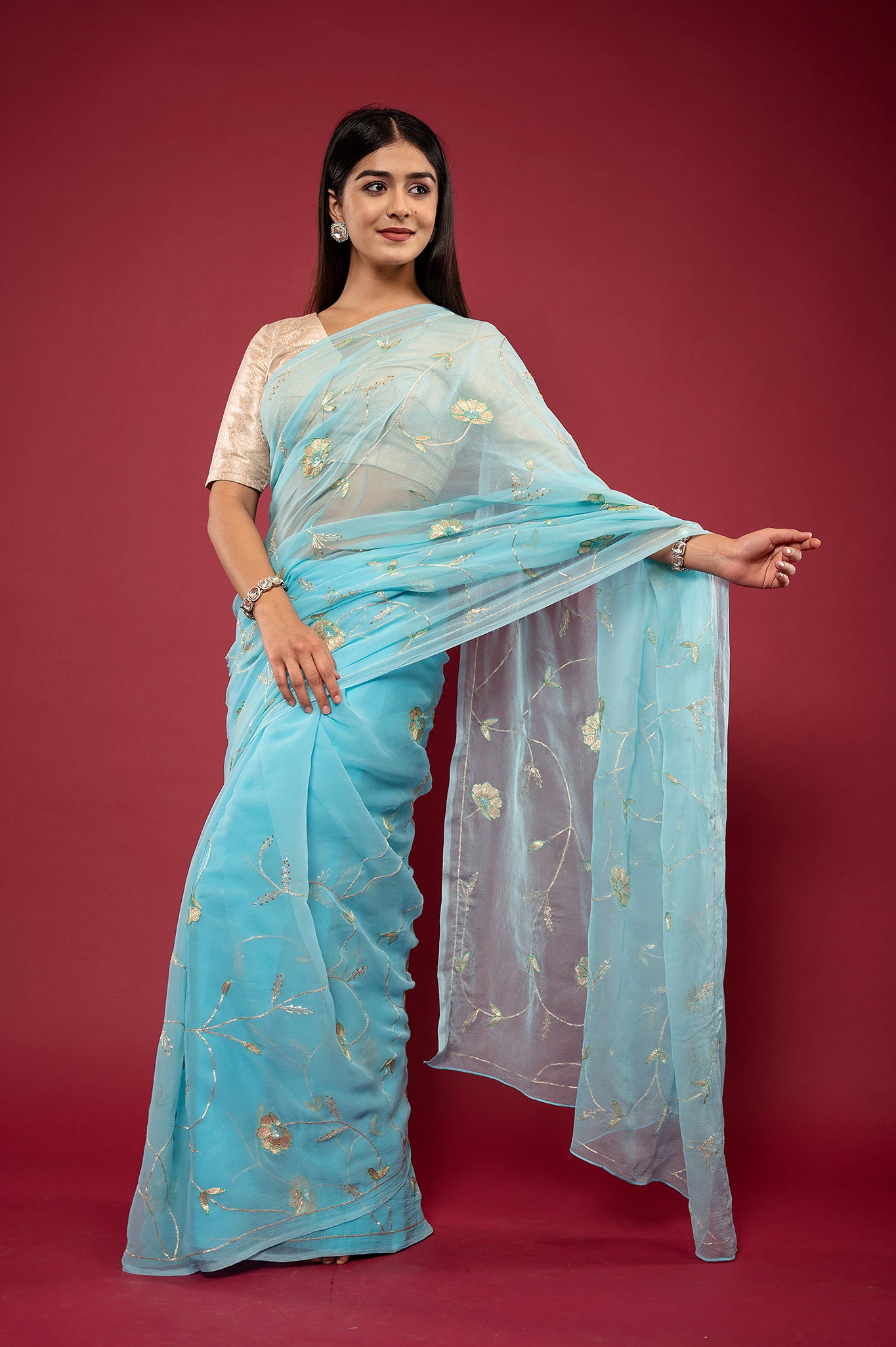 Sky blue light dark viscose chiffon aari sequins jaal handwork casual wear saree