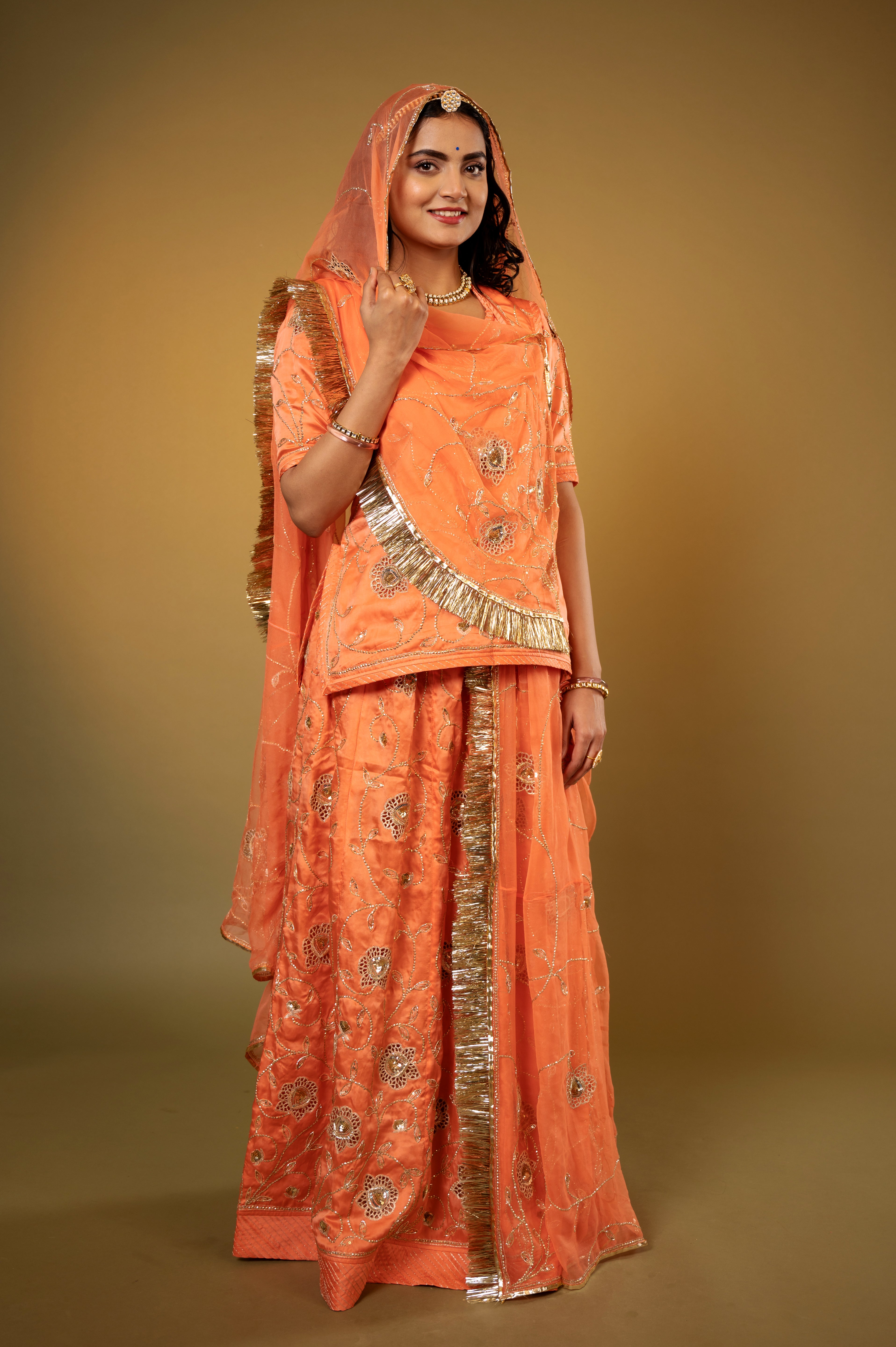 peach bamber satin aari katori cur work handwork Rajputi Poshak  with Pure odhna