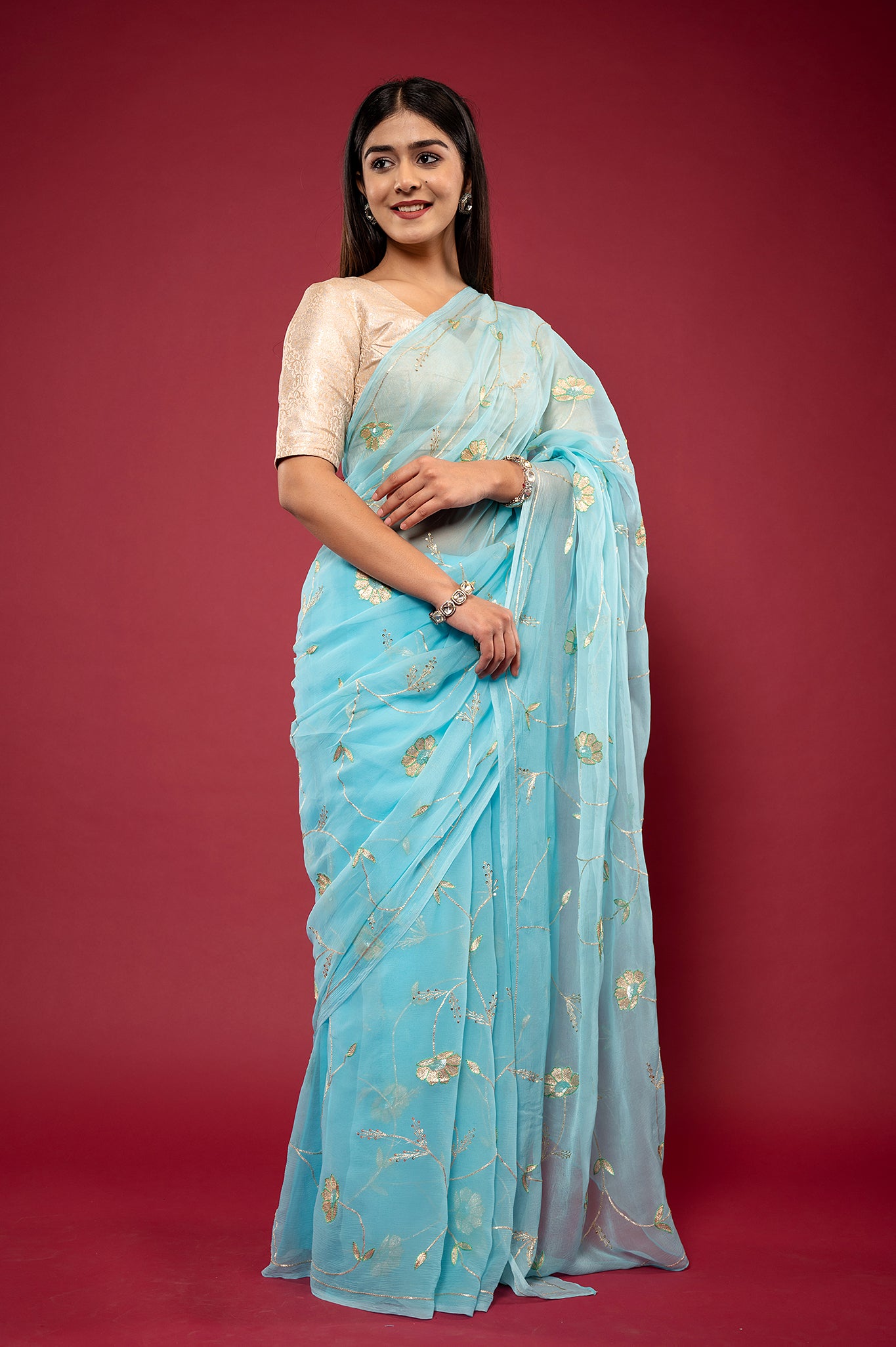 Sky blue light dark viscose chiffon aari sequins jaal handwork casual wear saree