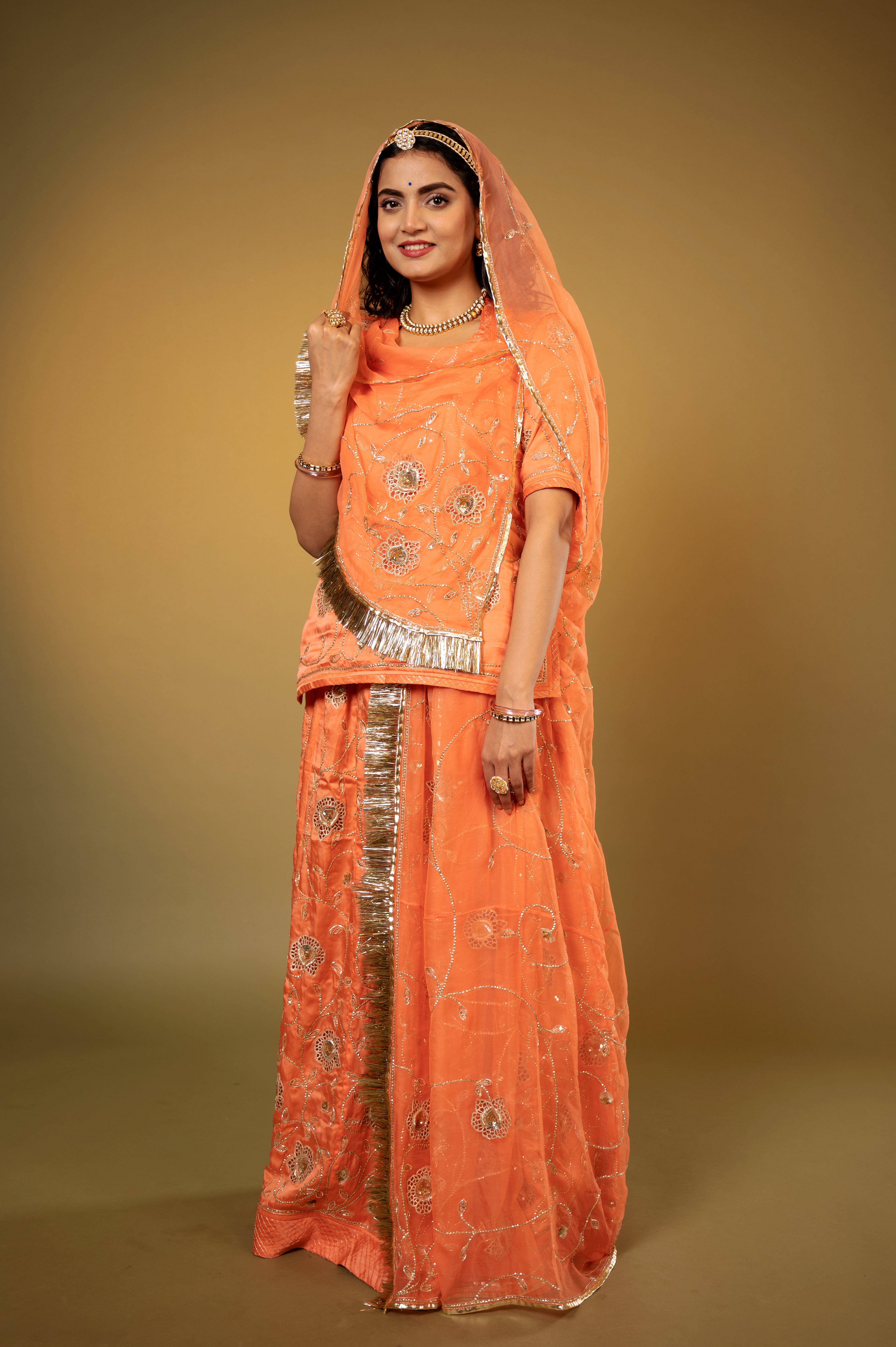 peach bamber satin aari katori cur work handwork Rajputi Poshak  with Pure odhna