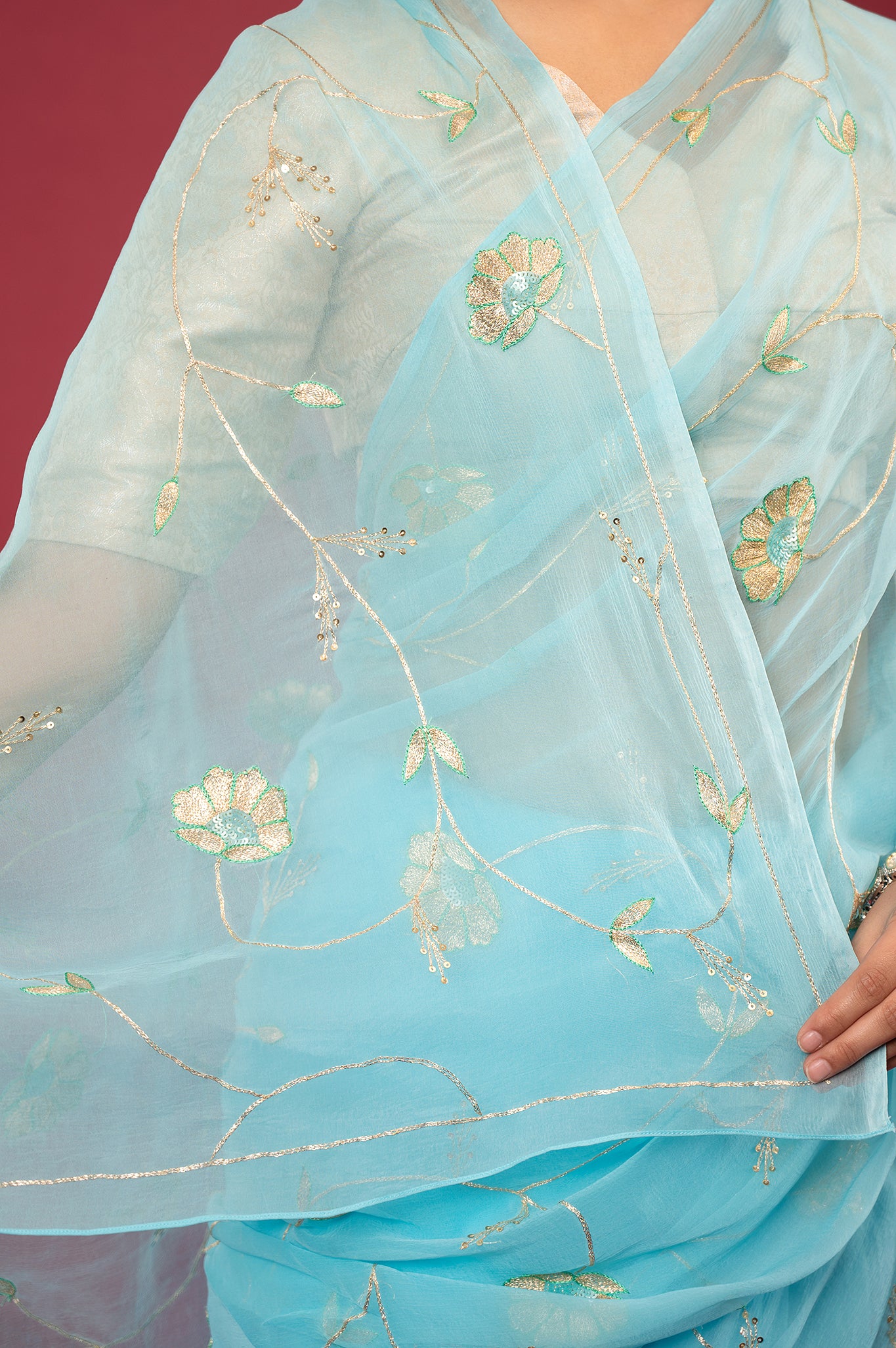 Sky blue light dark viscose chiffon aari sequins jaal handwork casual wear saree