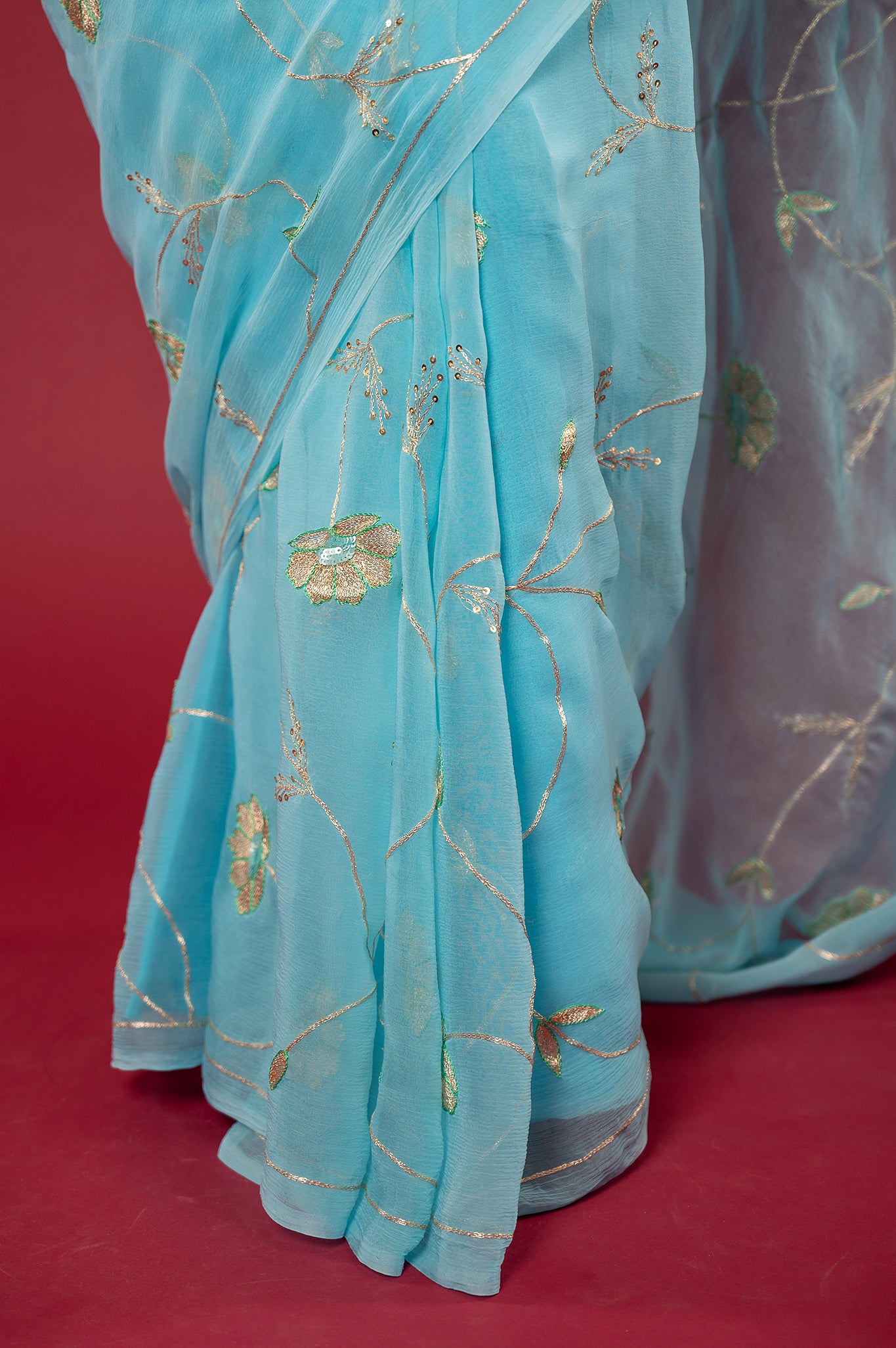 Sky blue light dark viscose chiffon aari sequins jaal handwork casual wear saree