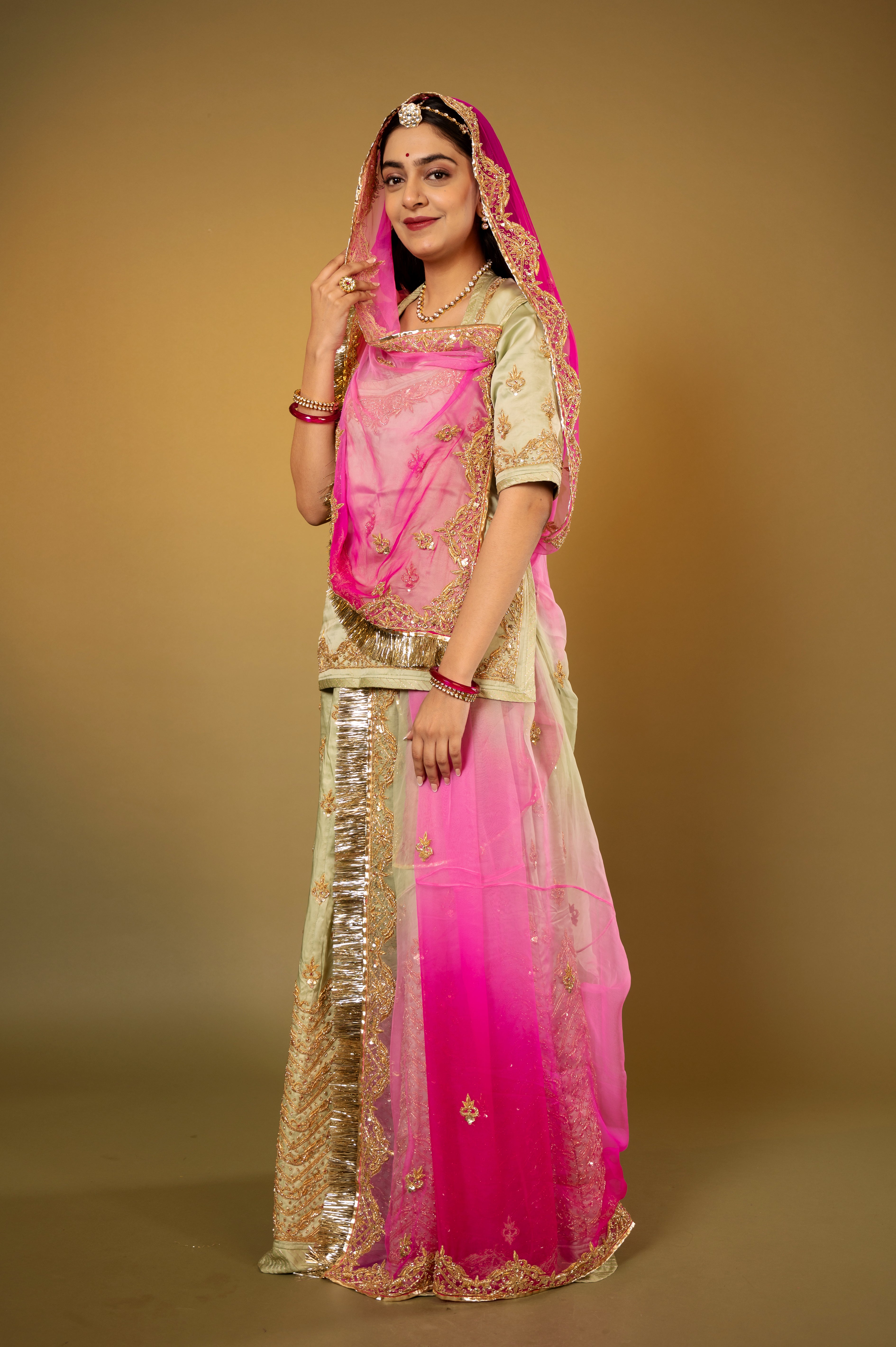 Olive green bamber satin zardozi handwork Rajputi Poshak  with Pure odhna