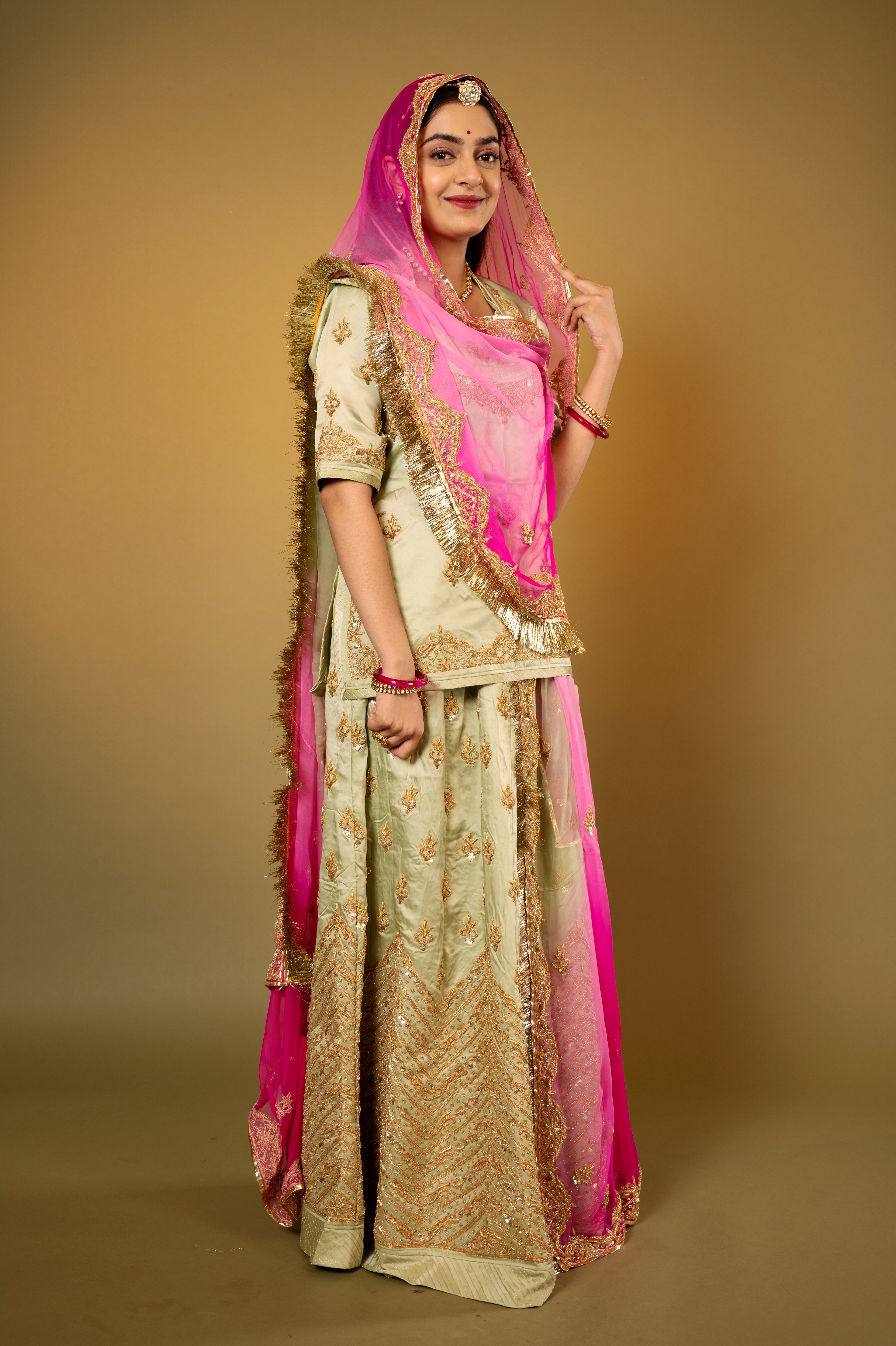 Olive green bamber satin zardozi handwork Rajputi Poshak  with Pure odhna