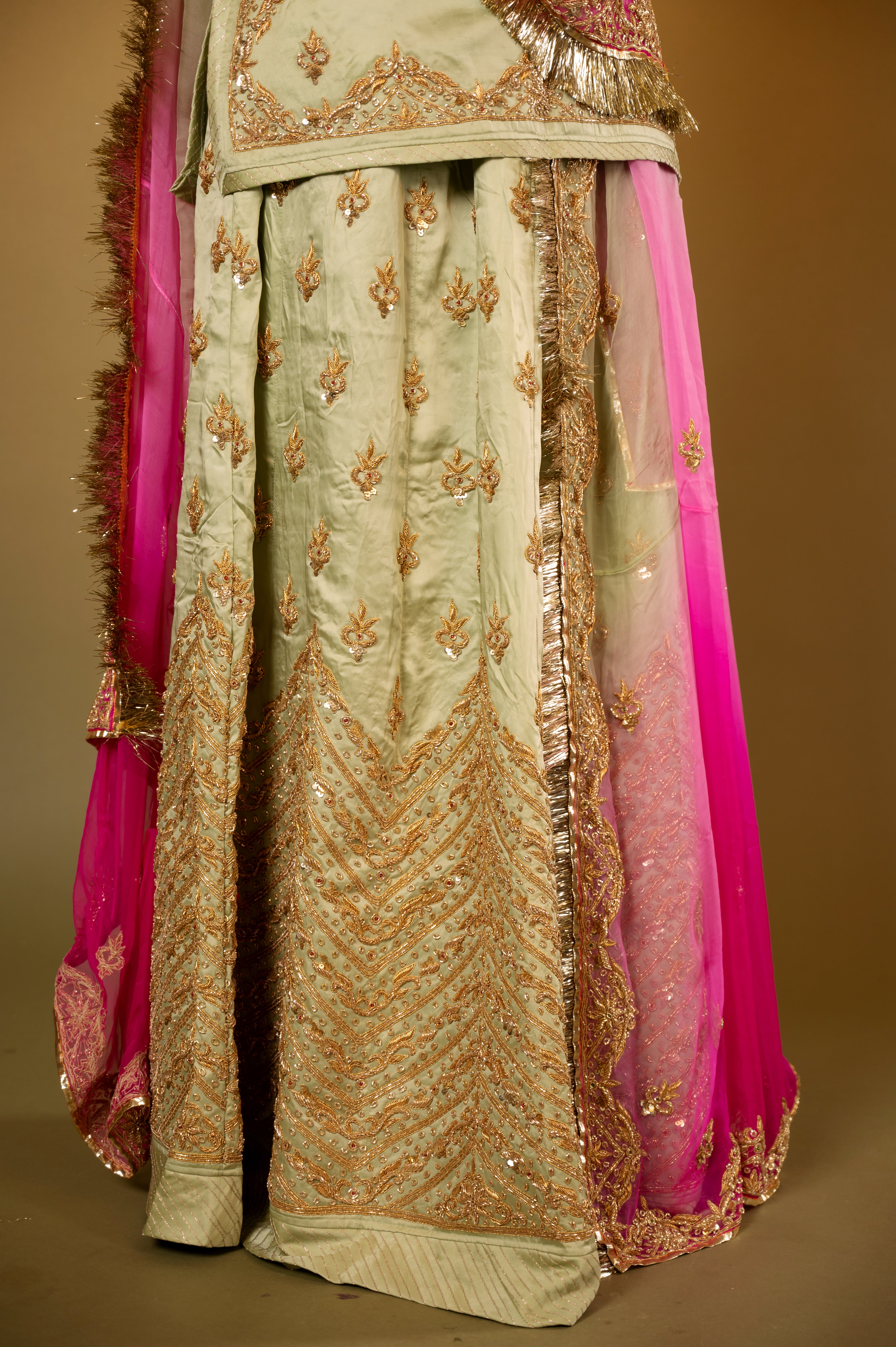 Olive green bamber satin zardozi handwork Rajputi Poshak  with Pure odhna