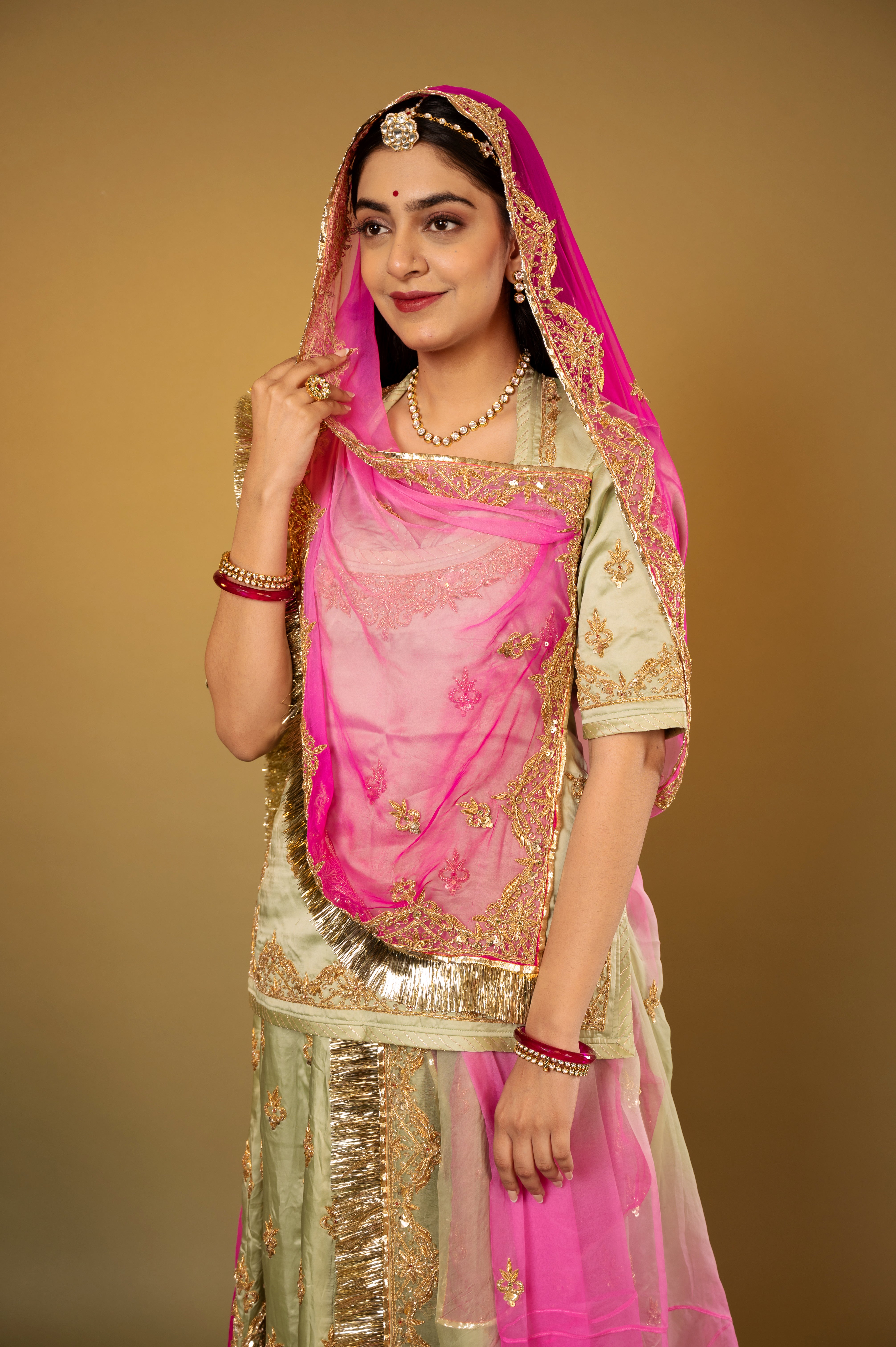 Olive green bamber satin zardozi handwork Rajputi Poshak  with Pure odhna