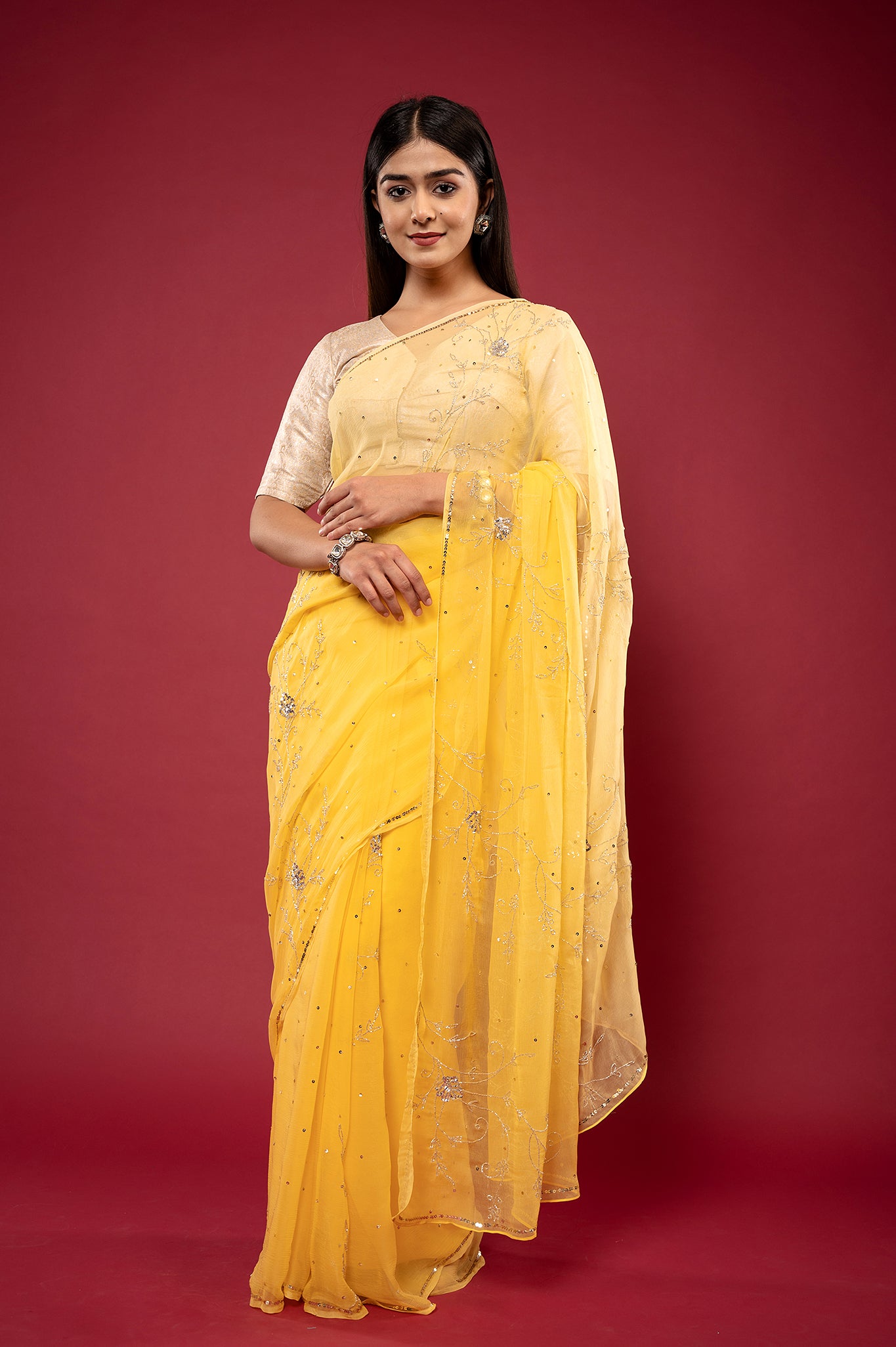 Yellow light dark viscose chiffon Sequins kardana handwork casual wear saree