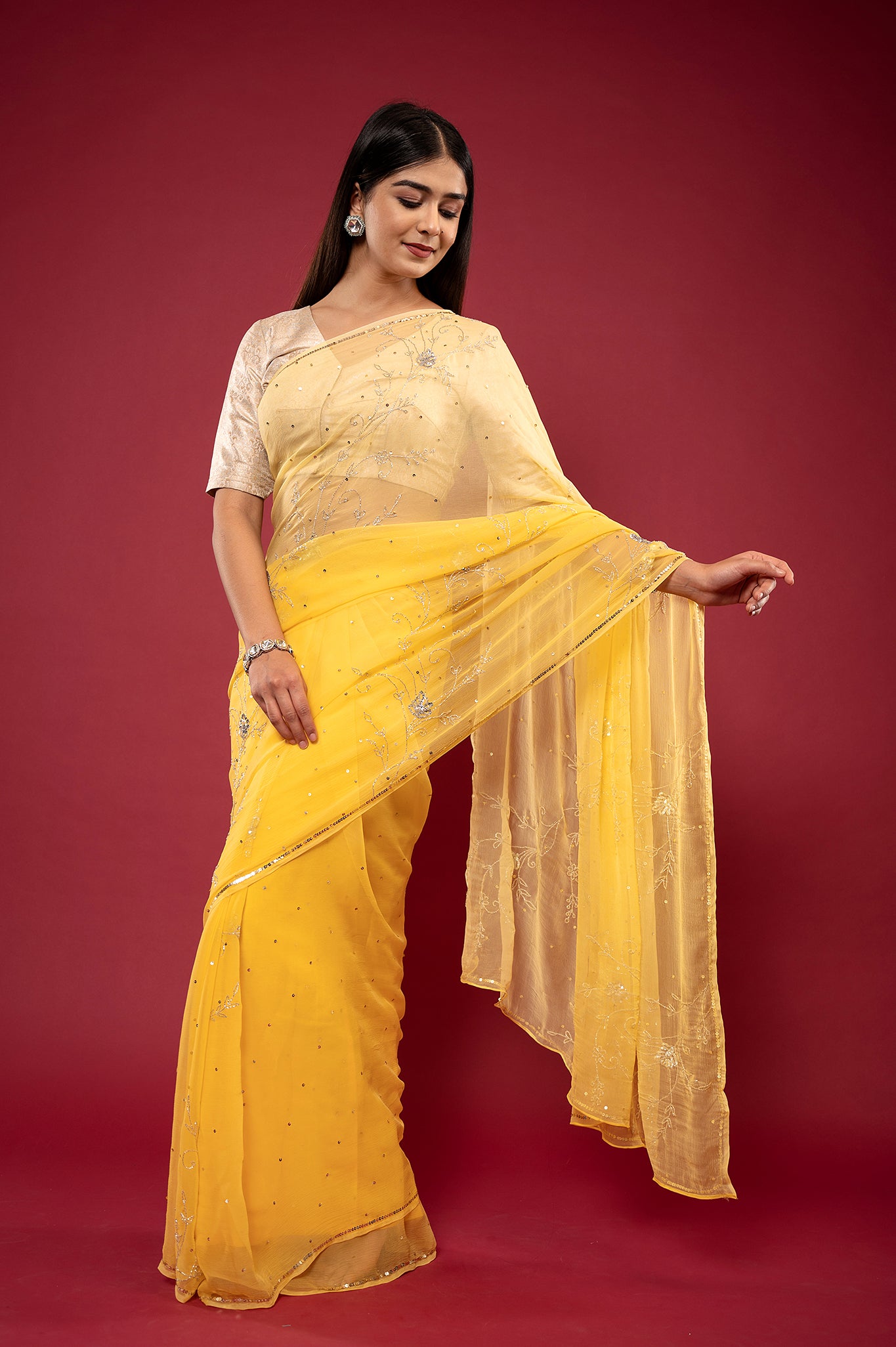 Yellow light dark viscose chiffon Sequins kardana handwork casual wear saree