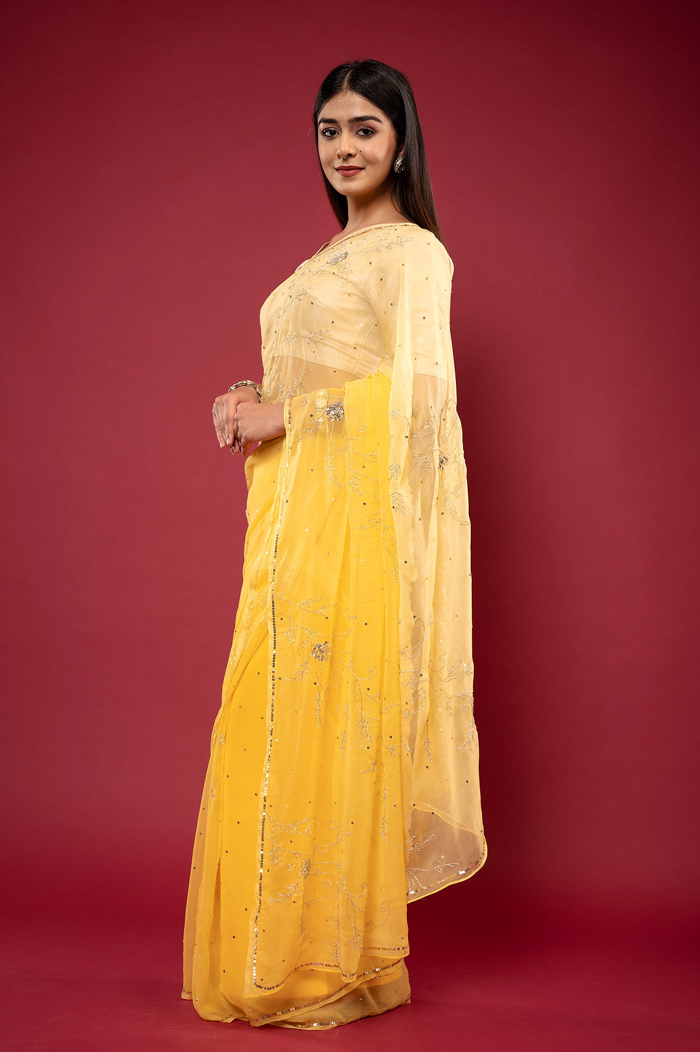 Yellow light dark viscose chiffon Sequins kardana handwork casual wear saree
