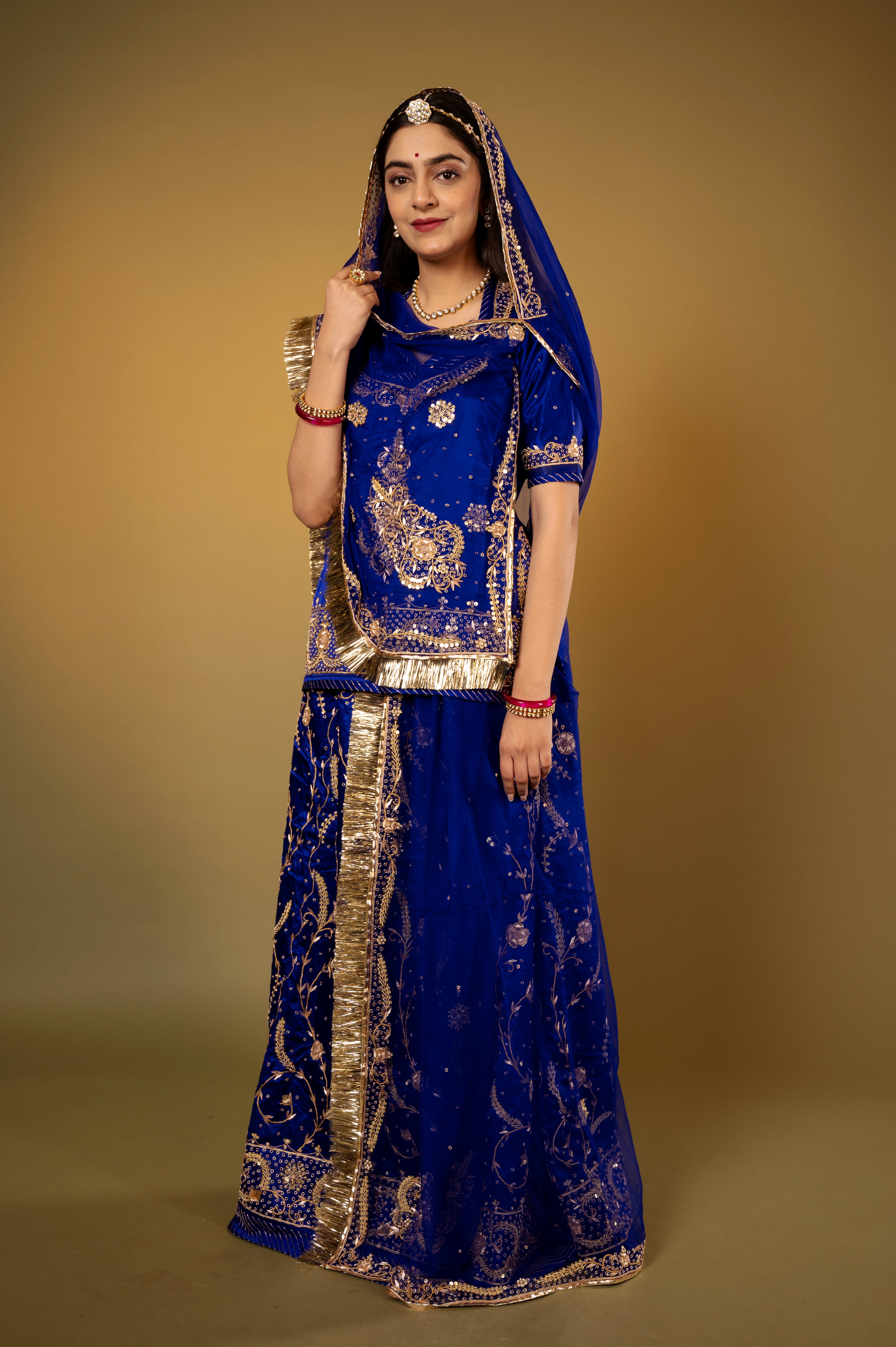 Royal Blue bamber satin kundan zardozi handwork Rajputi Poshak  with Pure odhna
