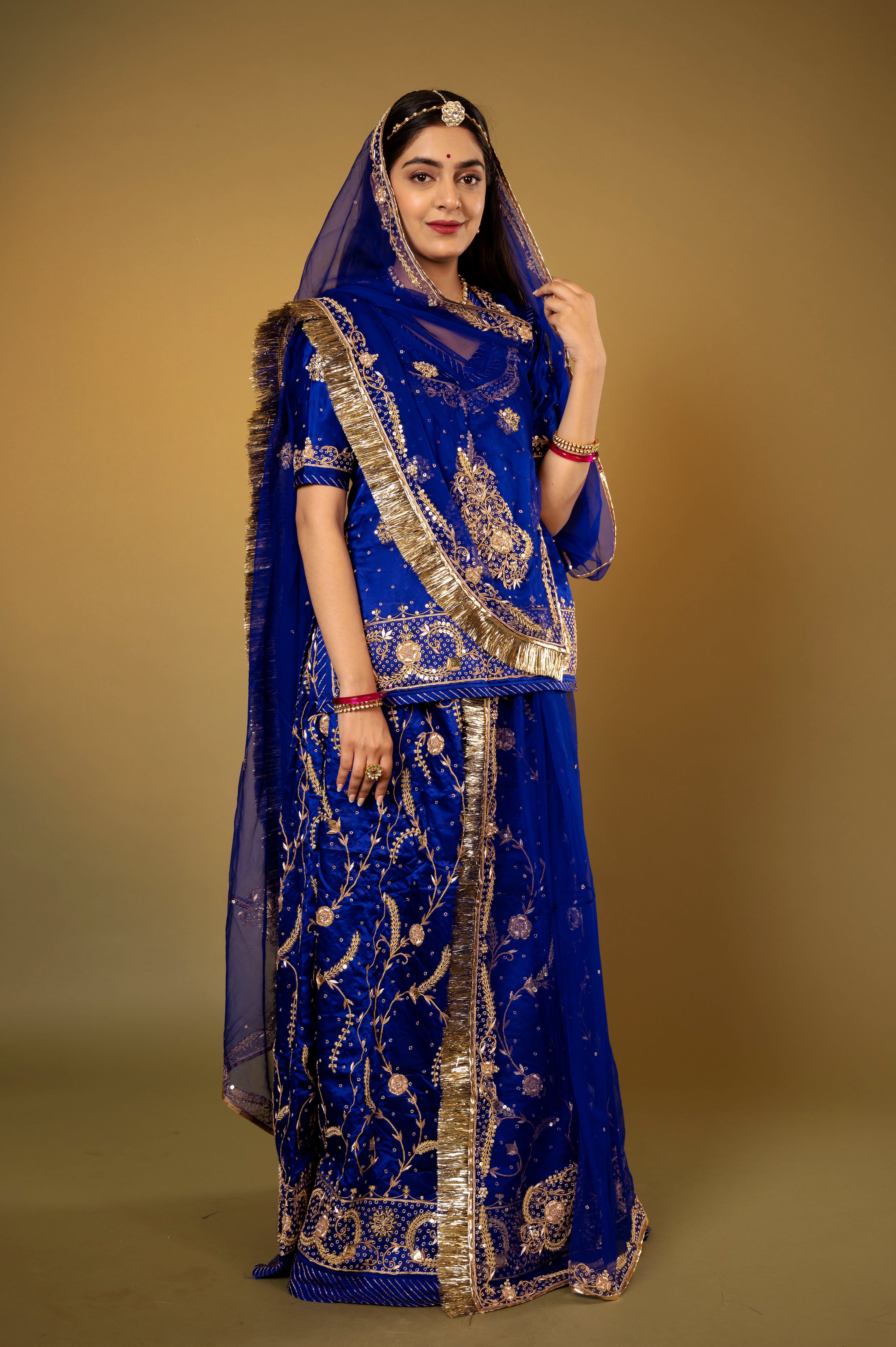Royal Blue bamber satin kundan zardozi handwork Rajputi Poshak  with Pure odhna